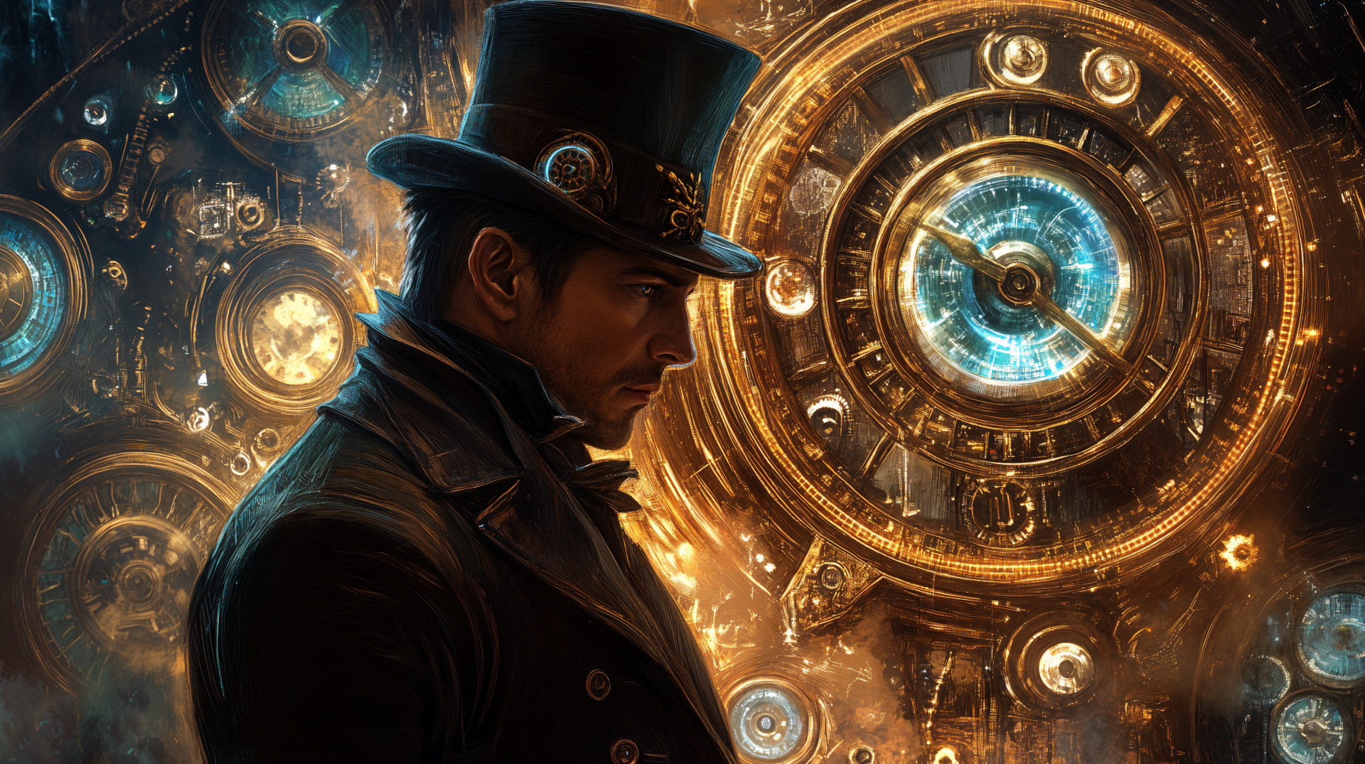 A mysterious time traveler in a top hat stands against a backdrop of intricate, glowing clock gears, showcasing a rich, steampunk aesthetic in this 4K Ultra HD desktop wallpaper.