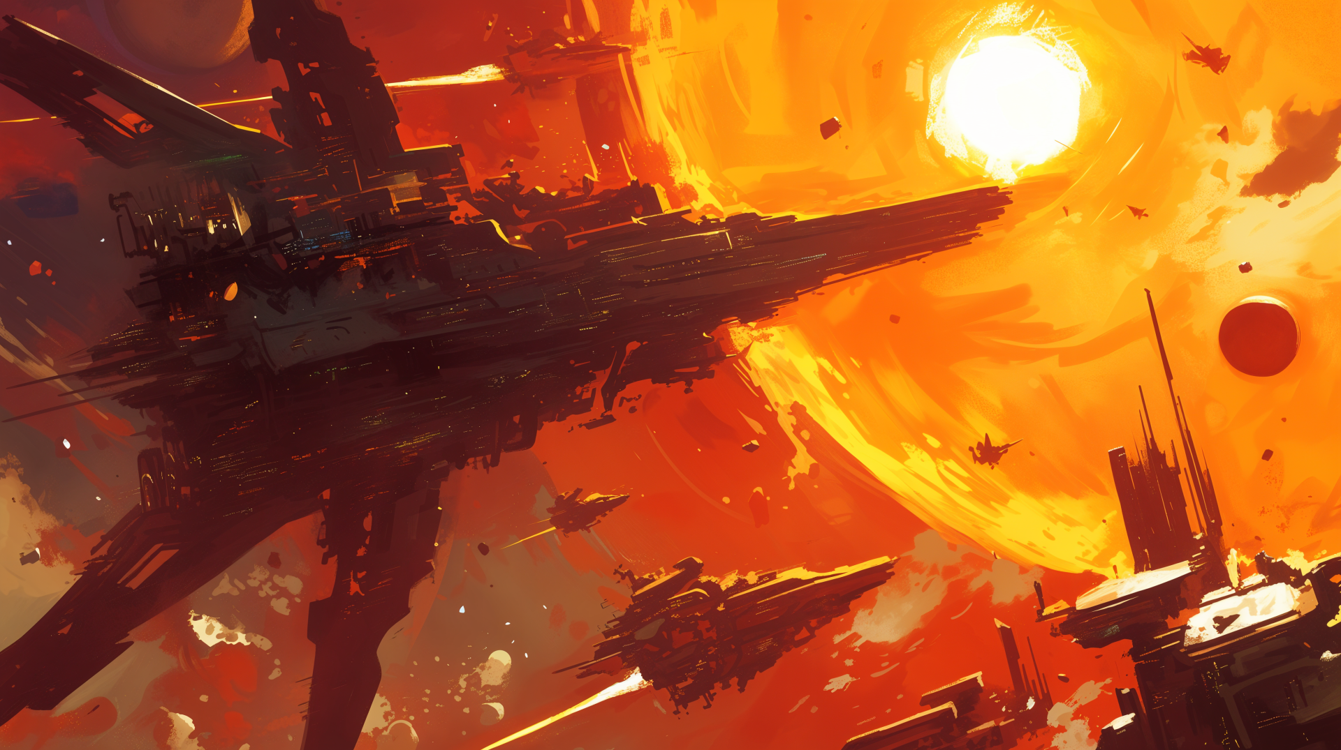 A dynamic sci-fi scene featuring intense spaceship battles amidst a vibrant orange sun, showcasing the thrilling essence of space opera. 4K Ultra HD desktop wallpaper.