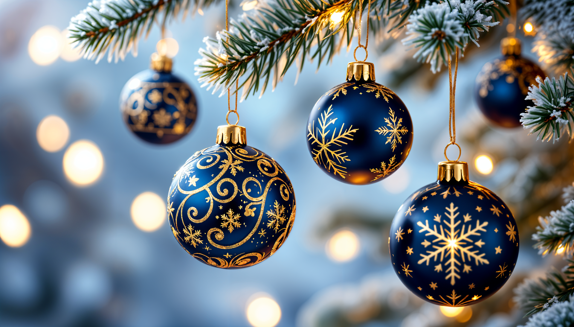 Close-up of beautifully decorated blue and gold Christmas ornaments hanging on a frosty tree, set against a soft, blurred background of warm, glowing lights. 4K Ultra HD desktop wallpaper.