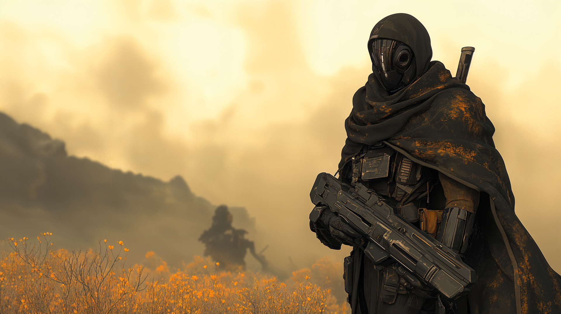 A mysterious mercenary stands in a barren landscape, donning a dark cloak and helmet while gripping a futuristic weapon, set against a dramatic sci-fi backdrop.