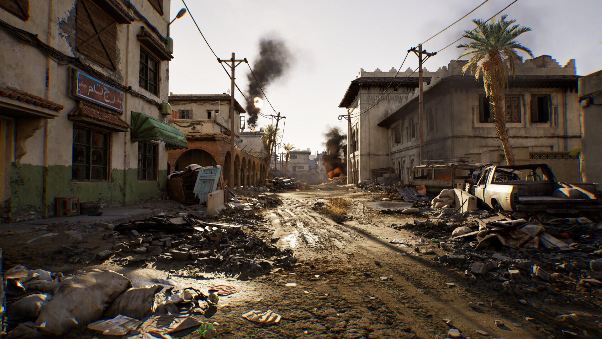 A detailed HD wallpaper featuring a war-torn street scene from the video game Delta Force, showcasing rubble, smoke, and desolate buildings under a clear sky.