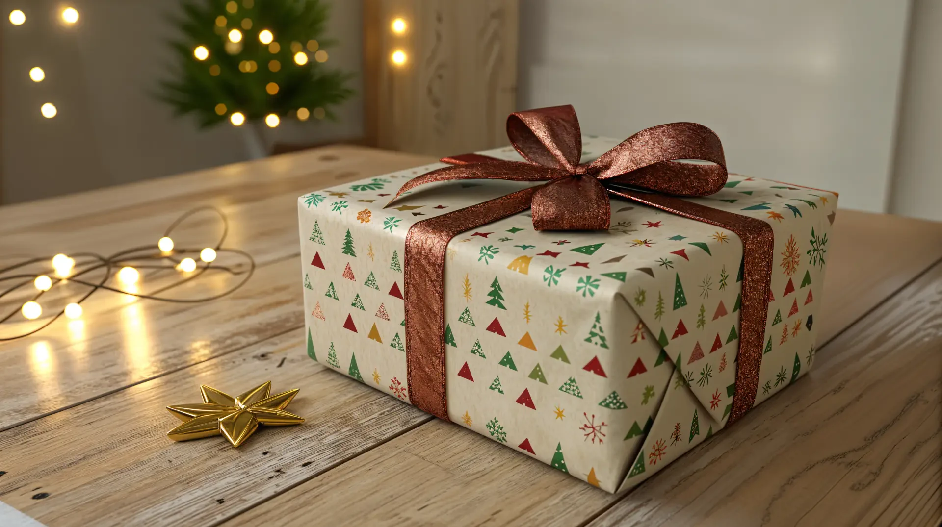 A beautifully wrapped gift adorned with a bronze ribbon rests on a wooden table, surrounded by soft glowing lights, creating a cozy holiday atmosphere. 4K Ultra HD desktop wallpaper.