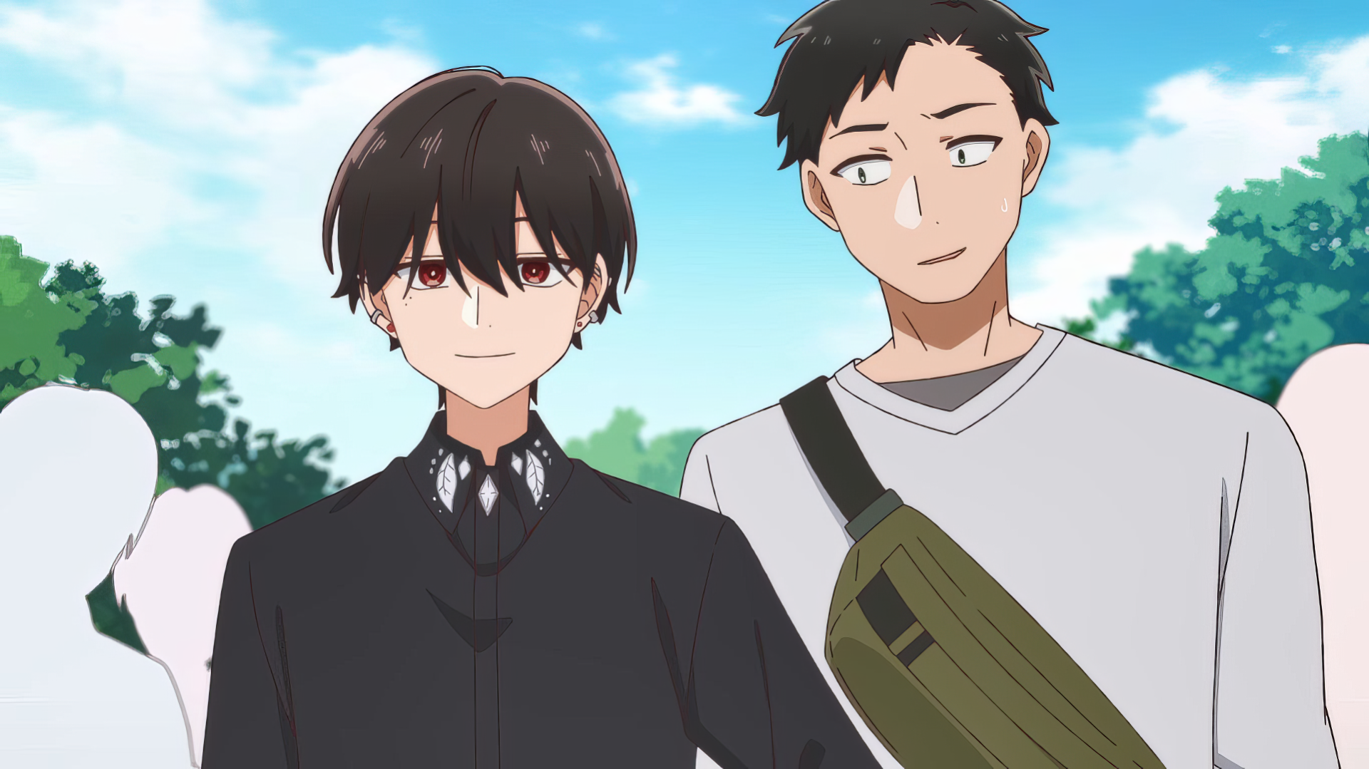 Anime-inspired HD wallpaper featuring two characters at an all-guy's mixer, set against a vibrant outdoor background. 