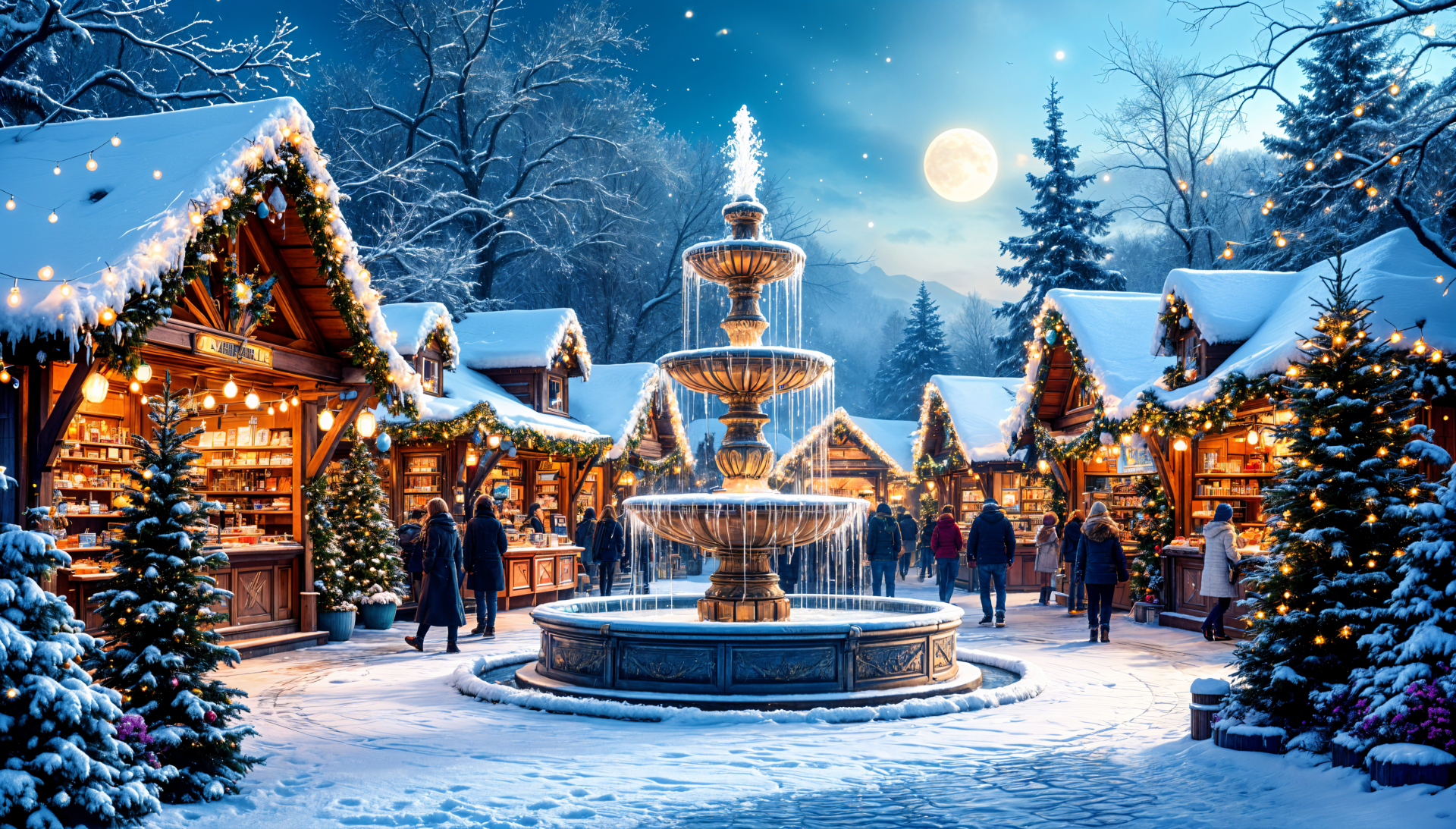 A festive Christmas market at night with holiday lights, a snow-covered fountain, and winter scenery, captured in vibrant 4K Ultra HD for a PC desktop background.