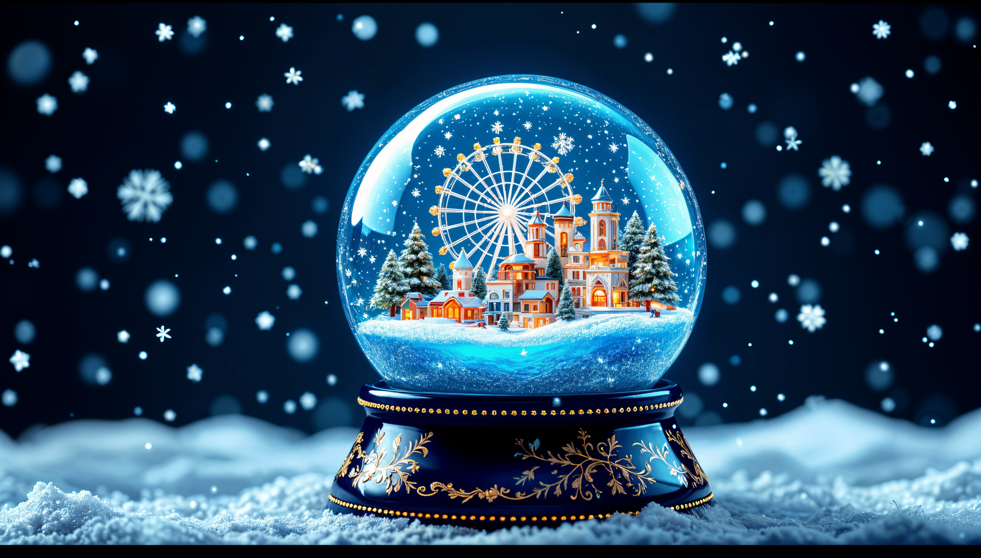 A beautifully crafted snow globe features a winter scene with a ferris wheel and trees, surrounded by falling snowflakes, captured in stunning 4K Ultra HD detail.