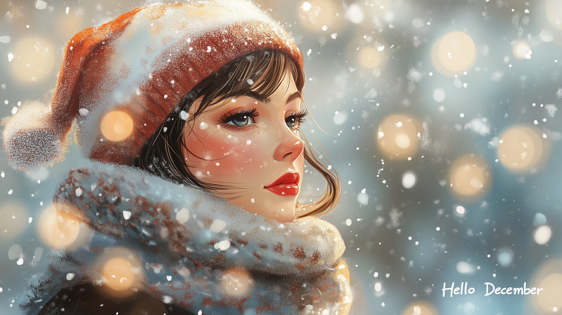 A beautiful HD drawing of a girl with a warm hat and scarf, capturing the essence of winter with softly falling snow and glowing lights, titled Hello December.