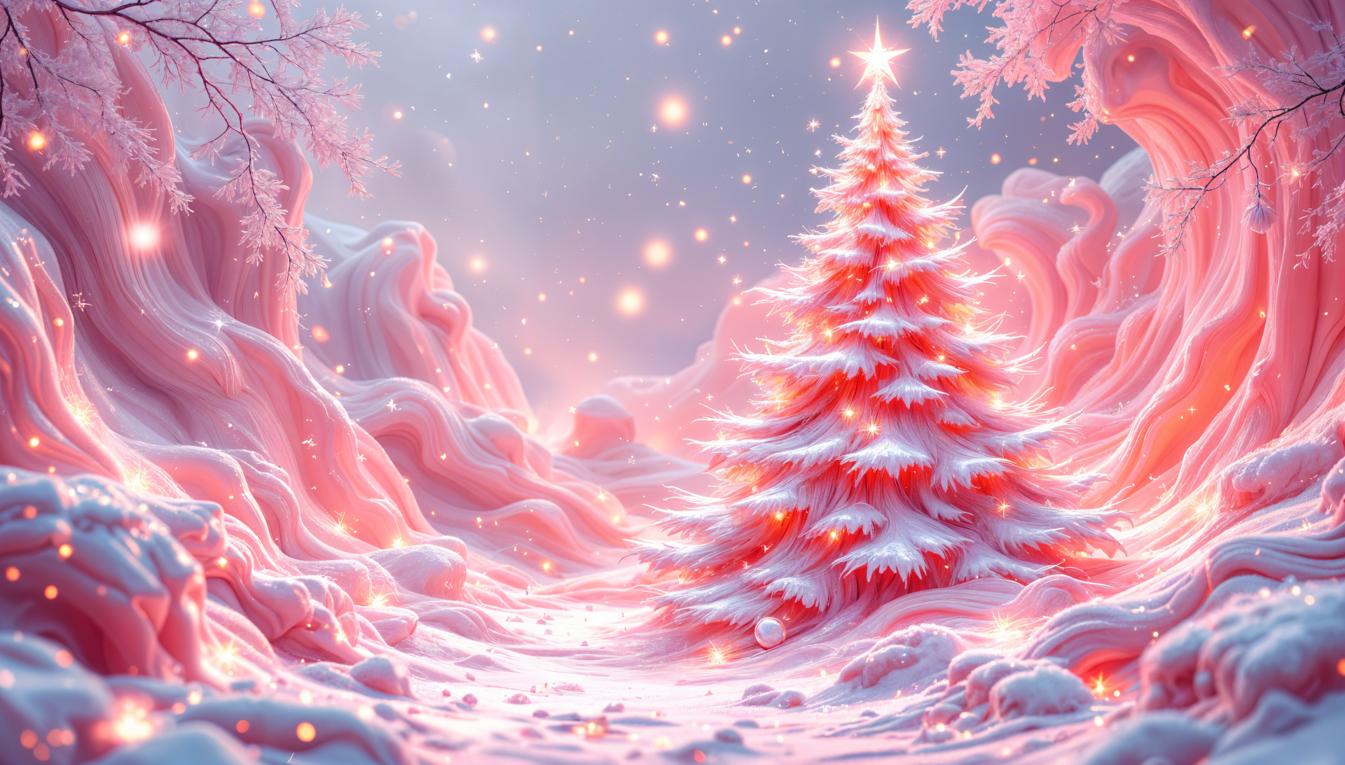A serene pink Christmas scene featuring a snow-covered landscape and a glowing pink tree, enhanced by soft snowfall and dreamy pastel colors. 4K Ultra HD resolution.