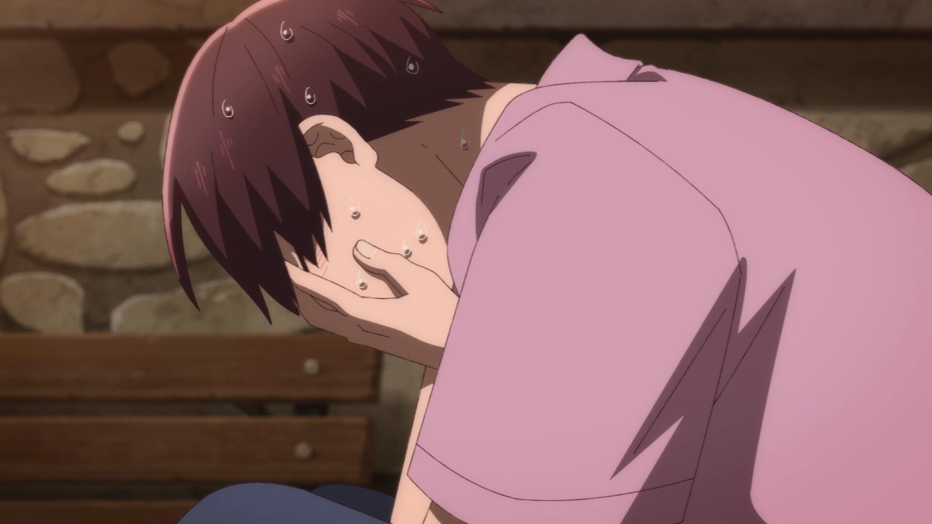 A character from an anime, depicted in a moment of anxiety, covers his face with his hand. The scene is styled for an HD PC desktop wallpaper, themed around attending an all-guy's mixer.