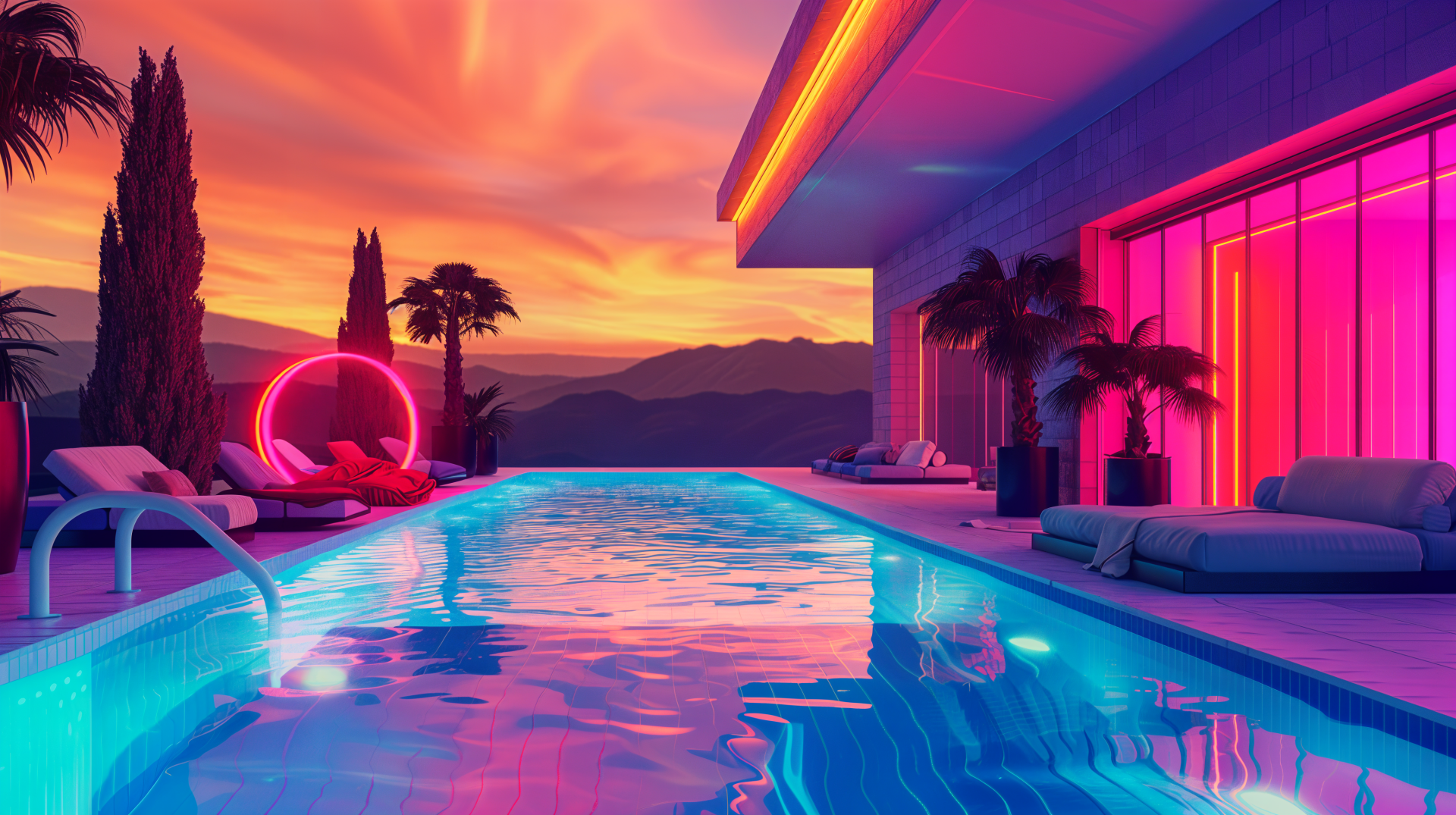 A stunning 4K Ultra HD wallpaper showcasing a vibrant poolside scene at sunset, featuring glowing neon accents, lush palm trees, and a serene atmosphere.