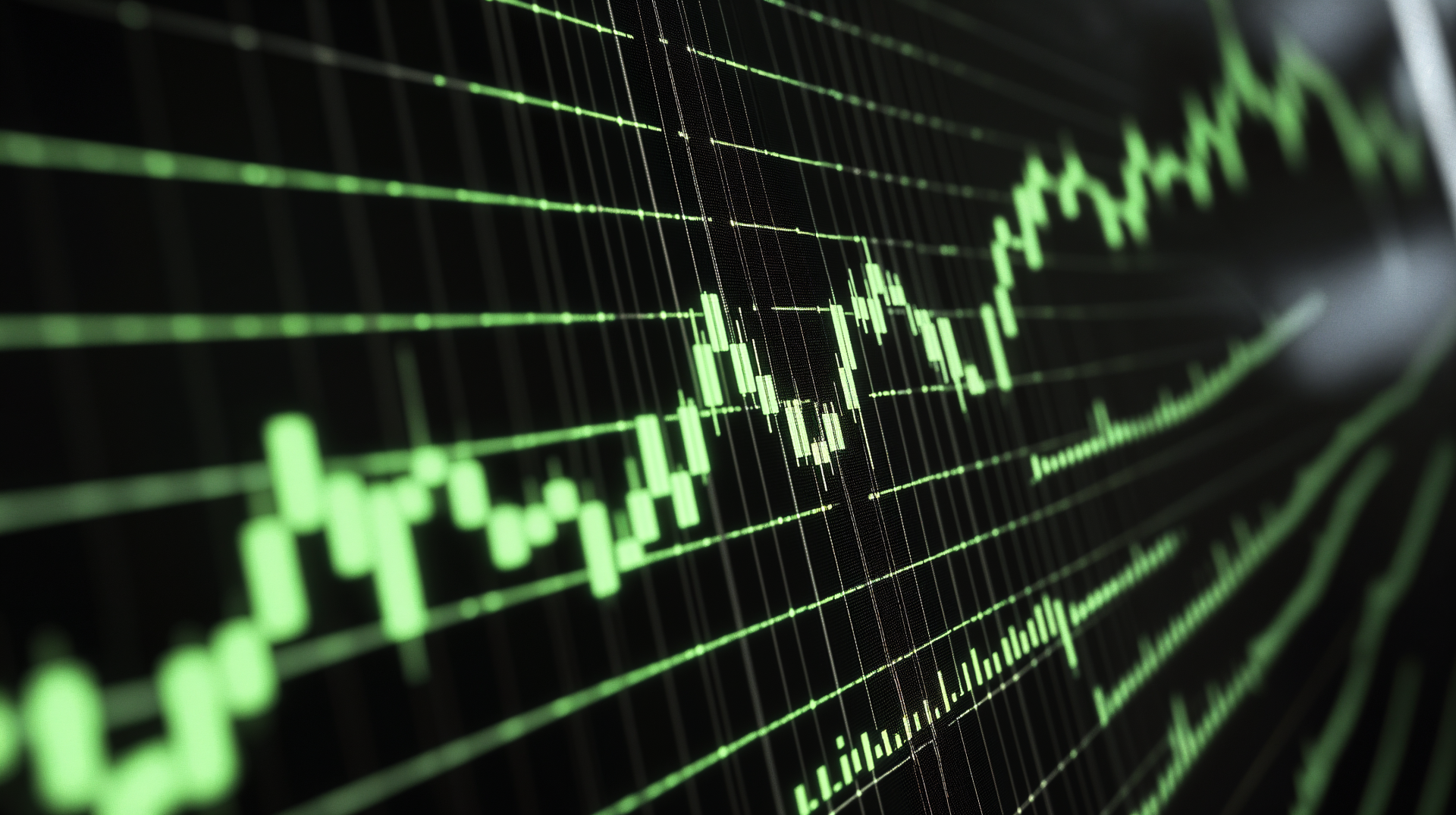 A dynamic stock market chart displaying green upward trends against a dark background, designed as a 4K Ultra HD desktop wallpaper.