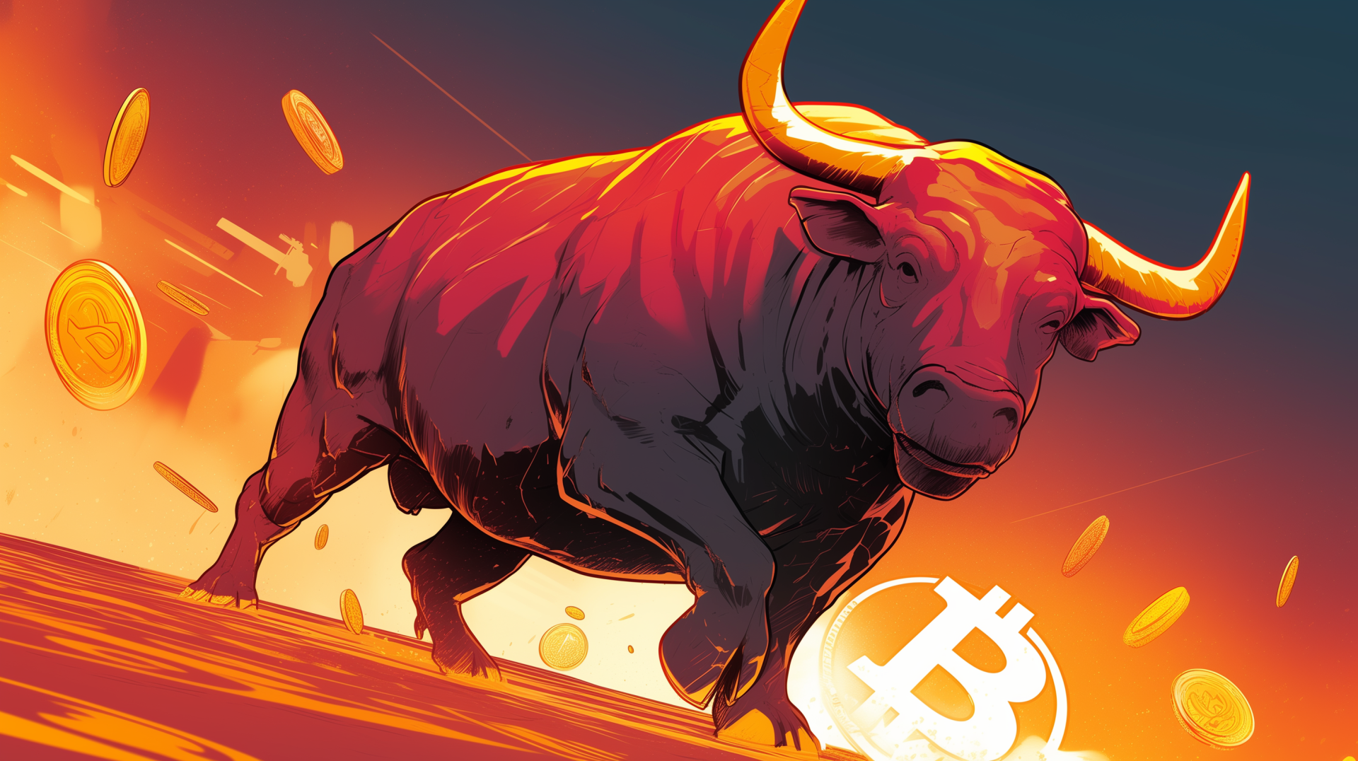 A striking HD desktop wallpaper featuring a powerful bull and Bitcoin symbols, capturing the dynamic energy of cryptocurrency markets.