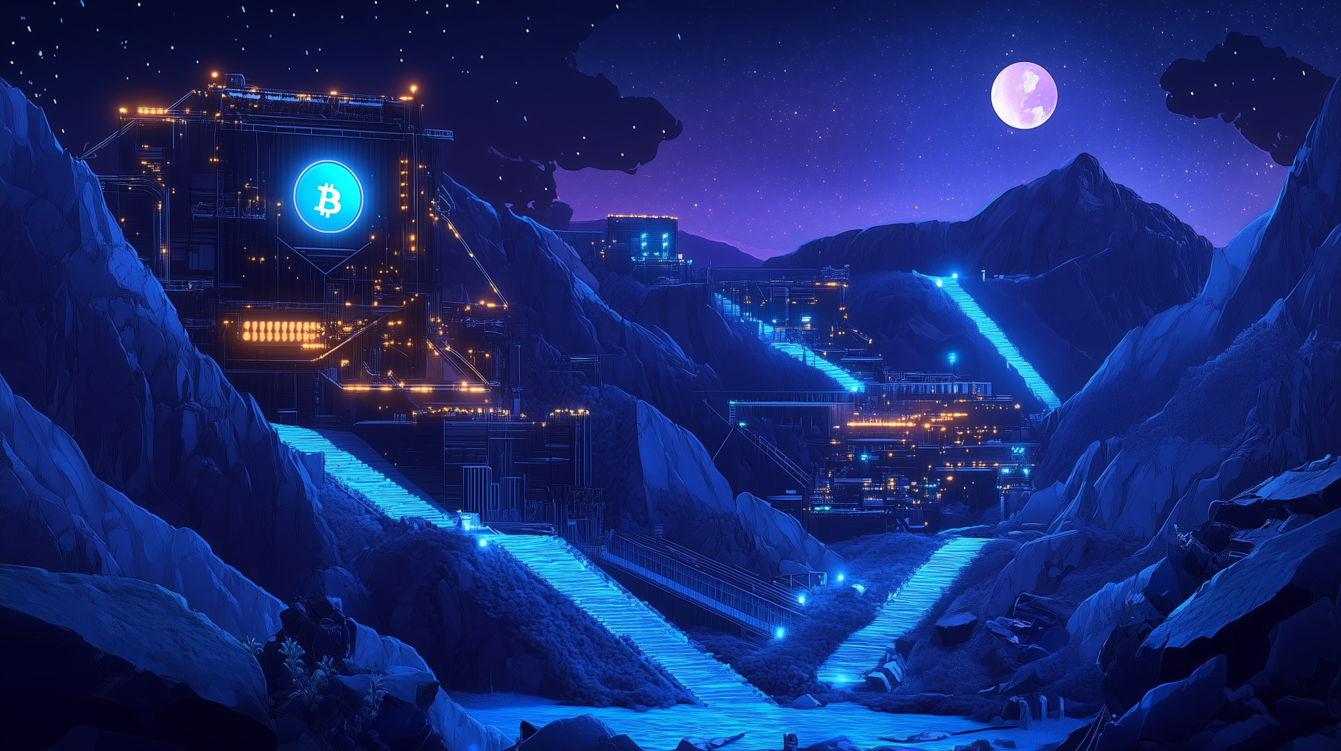 A captivating HD desktop wallpaper featuring a futuristic crypto mining landscape, illuminated by blue lights under a starry night sky and a glowing full moon.