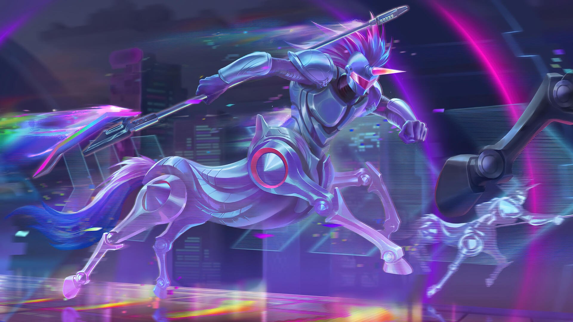 A dynamic 4K Ultra HD wallpaper featuring Hecarim, a champion from League of Legends, charging forward with a lance amidst a vibrant, futuristic backdrop.