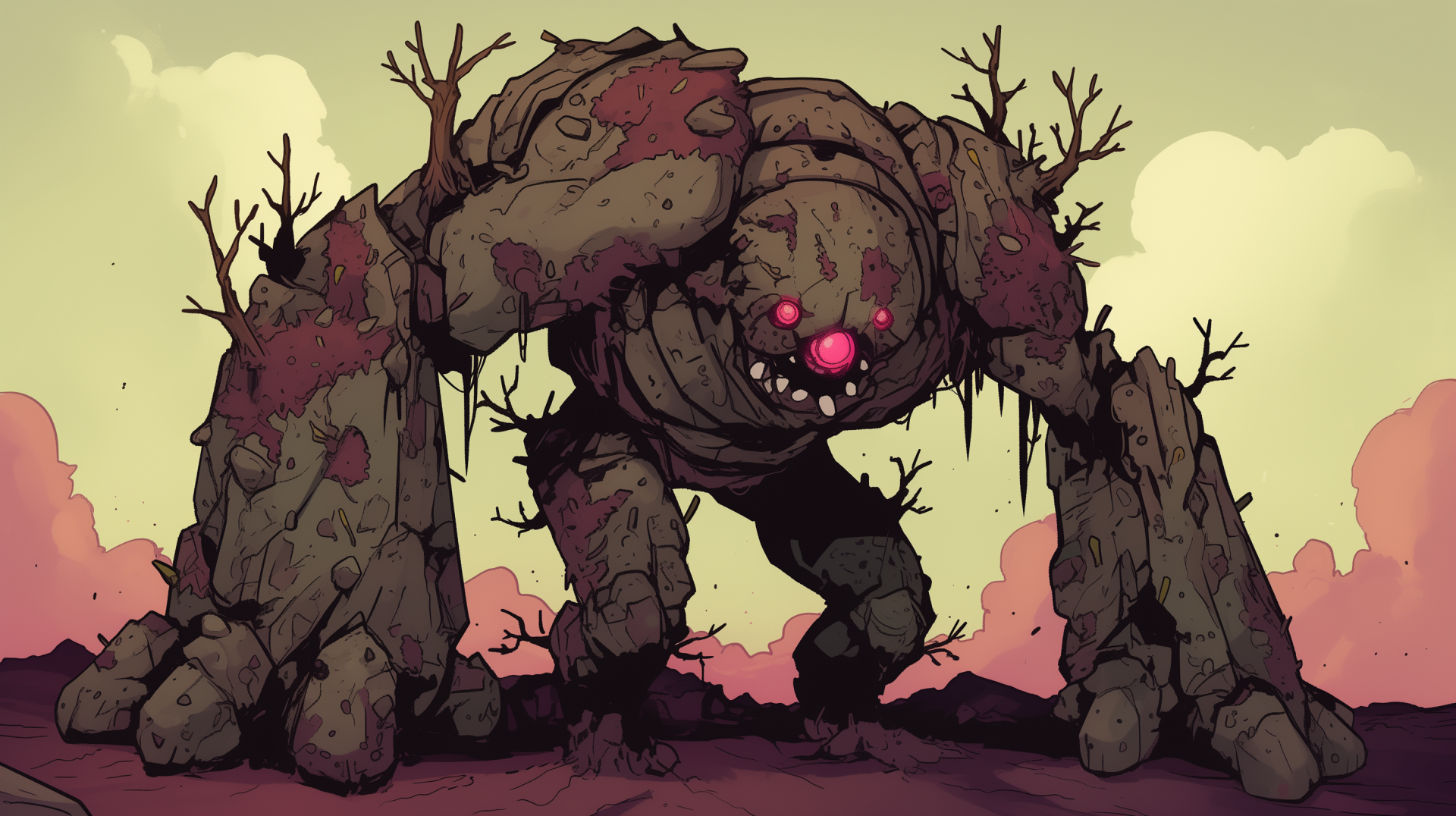 HD desktop wallpaper featuring a massive golem monster with glowing red eyes, constructed from rock and earth, set against a barren landscape with a muted sky.