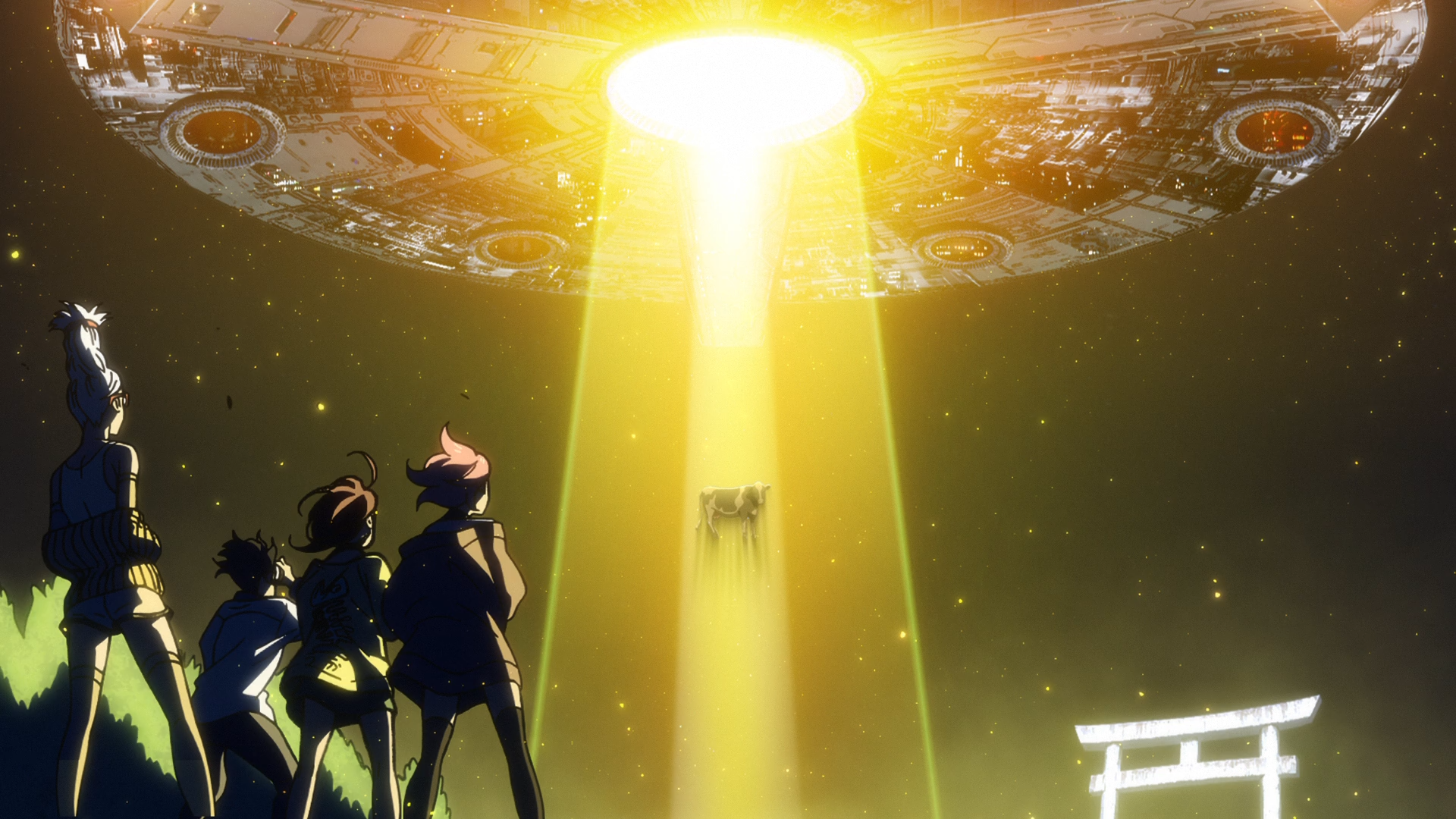 Anime HD PC desktop wallpaper from Dandadan featuring silhouetted characters facing a large spaceship emitting a bright yellow beam of light over a dark, starry background.