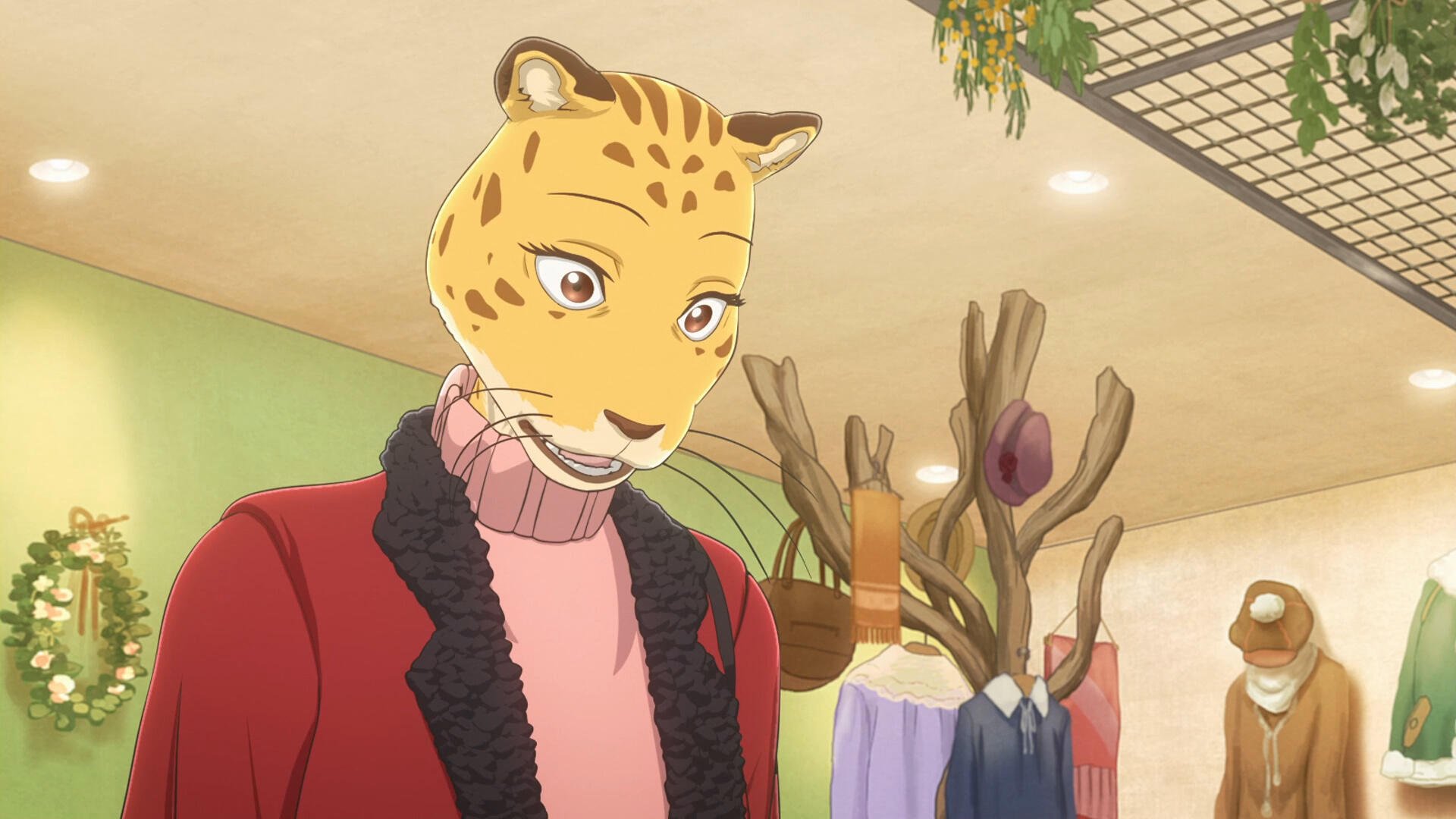 A close-up of Sheila from Beastars, depicted with a leopard head and stylish outfit, set in a vibrant, modern shop background. This HD image serves as a captivating desktop wallpaper.