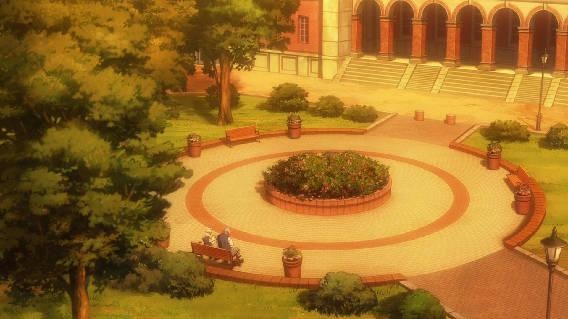HD PC desktop wallpaper of a serene park courtyard from the anime Beastars, featuring lush trees, benches, and warm sunlight illuminating the scene.