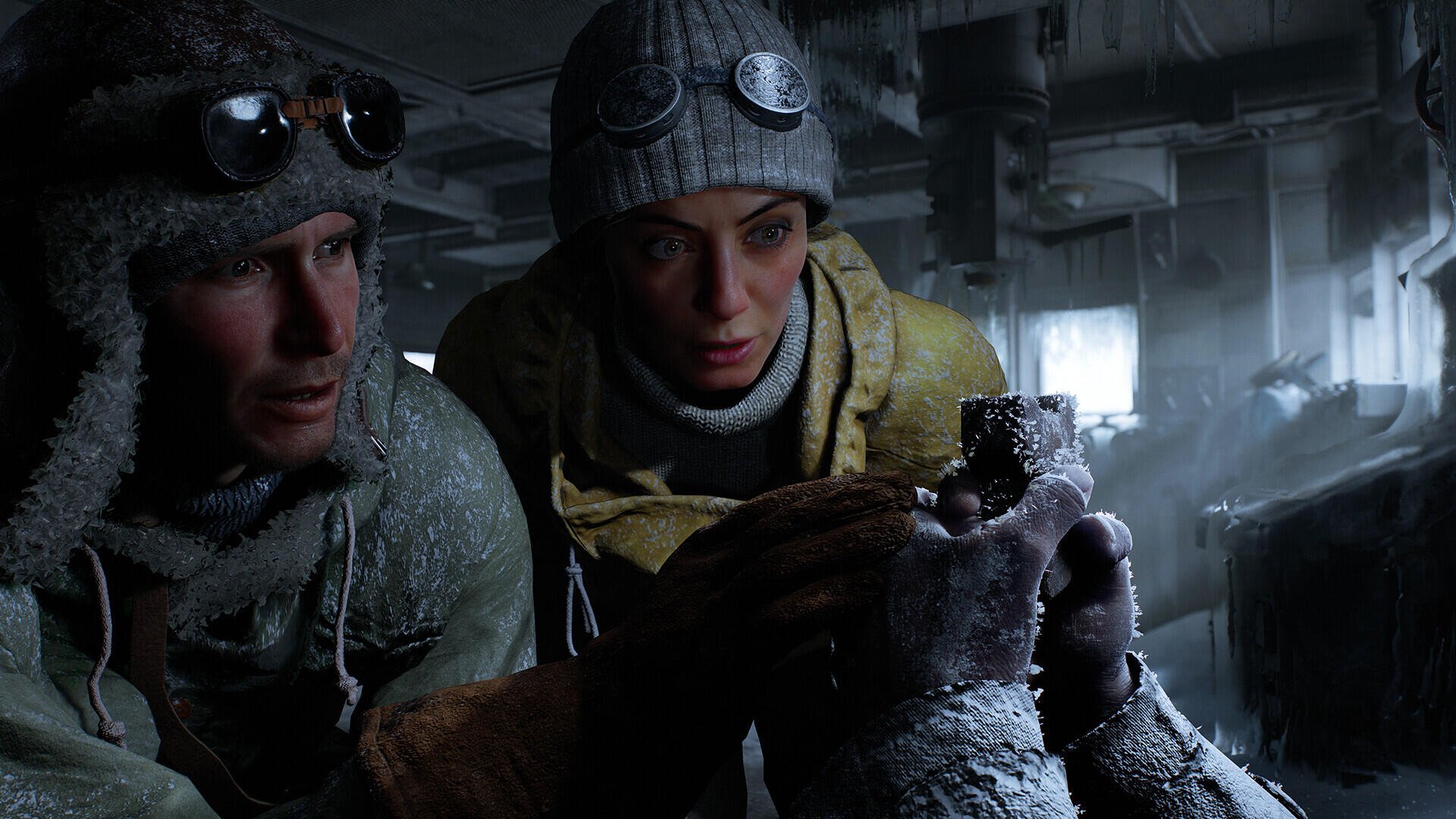 Two explorers, clad in winter gear, examine a mysterious artifact in a dimly lit, icy environment from Indiana Jones and the Great Circle, depicted as an HD PC desktop wallpaper.