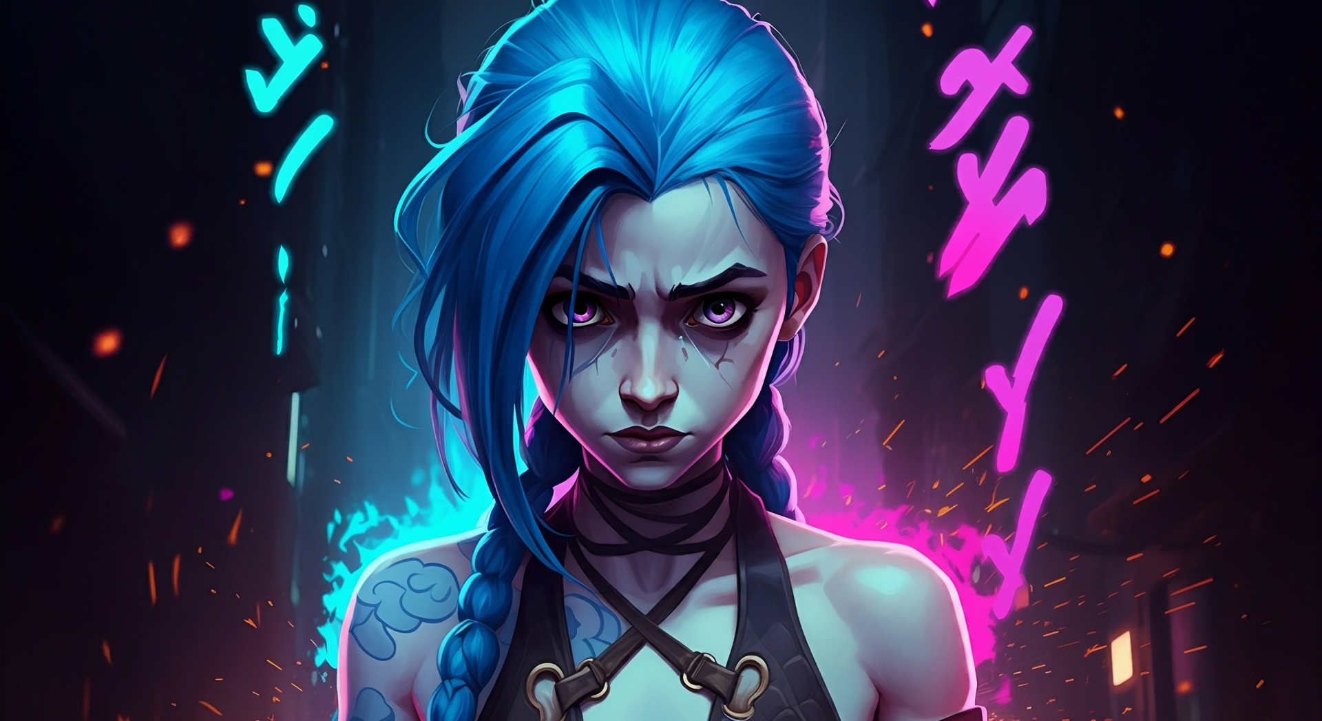 HD PC desktop wallpaper featuring Jinx from League of Legends with glowing neon blue and pink accents highlighting her intense expression.