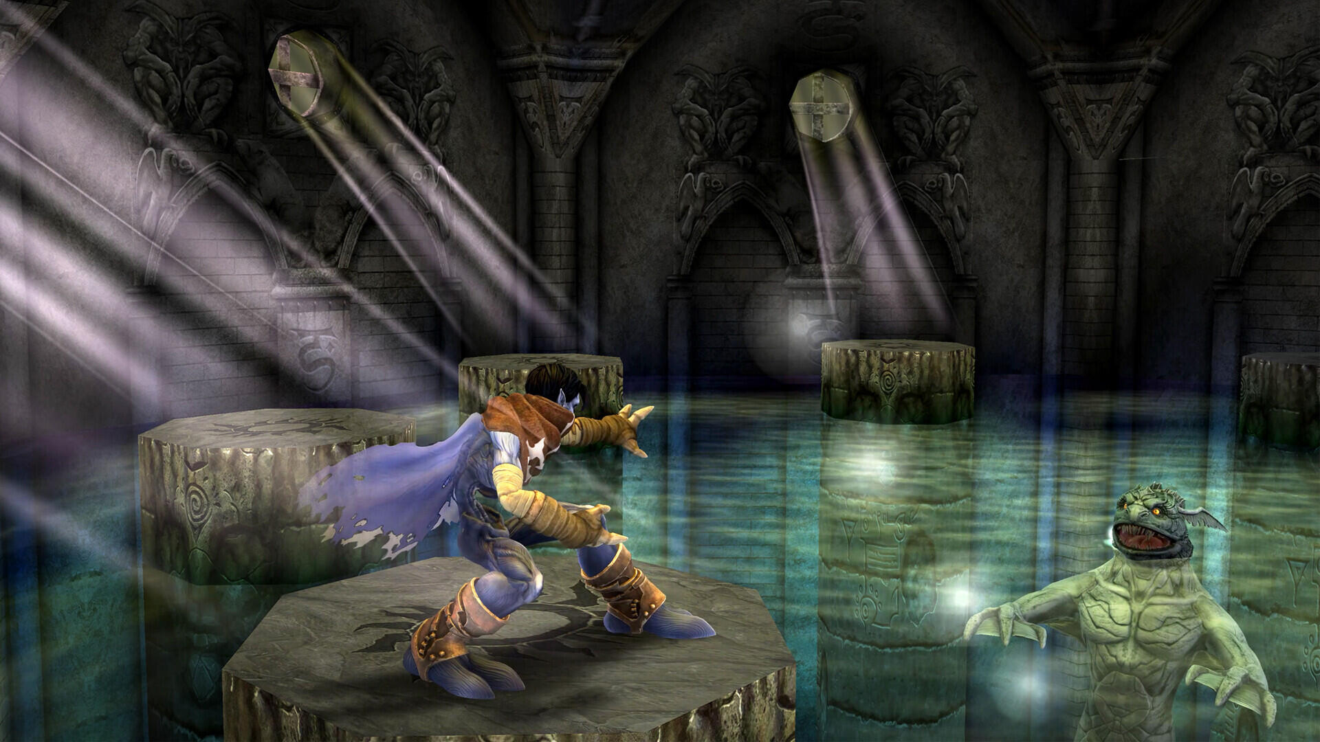 A dramatic HD wallpaper featuring a character from Legacy of Kain: Soul Reaver 1 & 2 Remastered, poised for action in a shadowy, atmospheric underground setting.