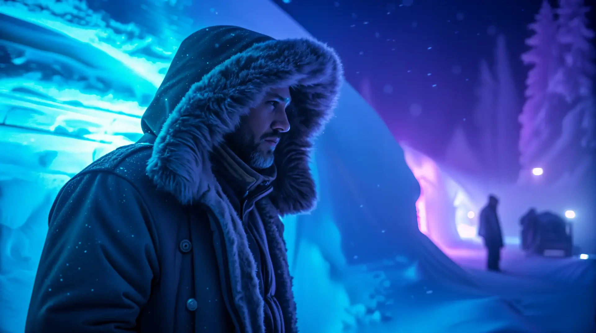 A smuggler in a fur-lined hood stands in a snowy landscape illuminated by cool blue and purple lights, creating a mysterious atmosphere in this 4K Ultra HD wallpaper.