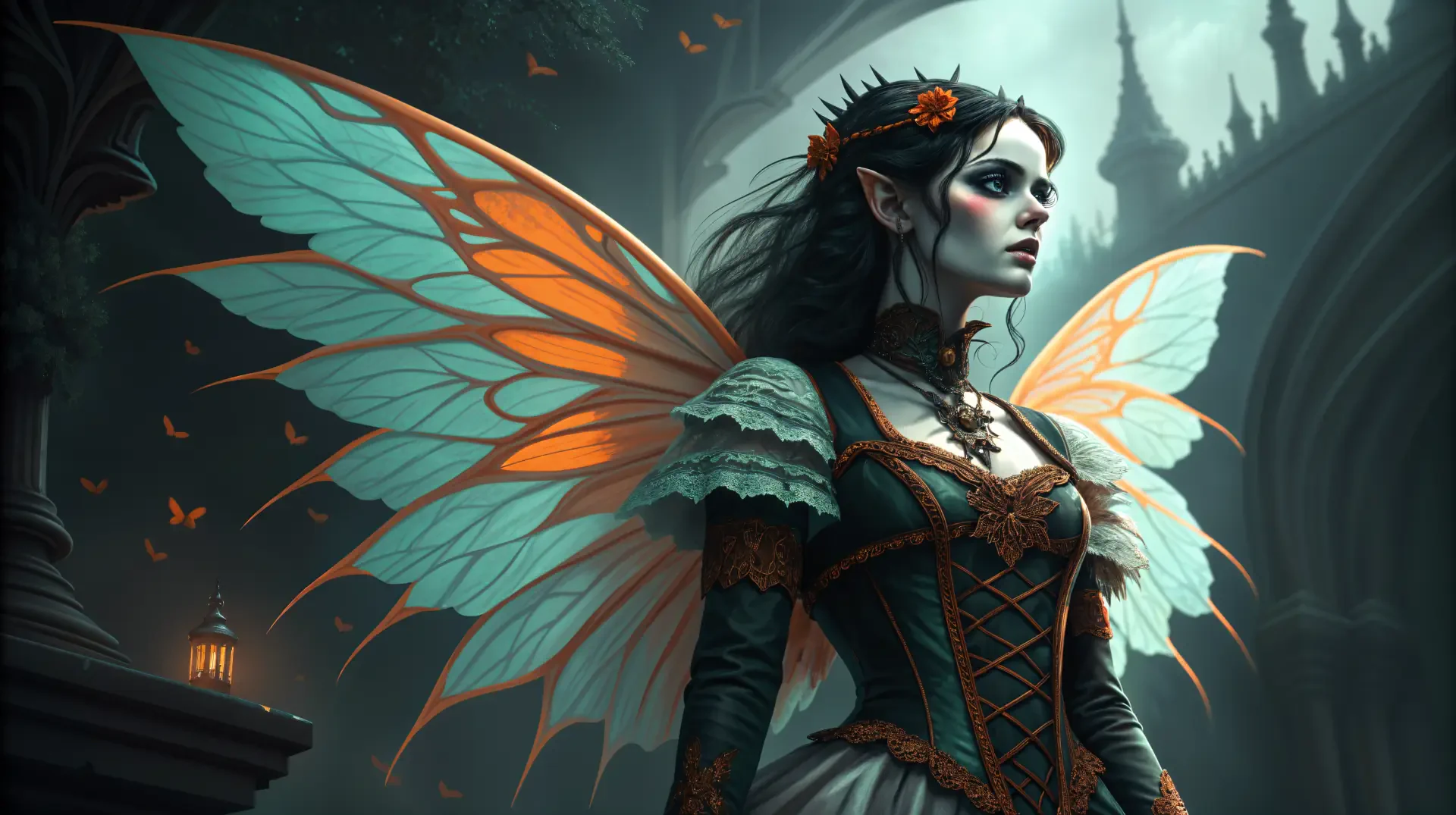 Gothic fairy with vibrant wings and intricate costume stands against a dark, fantasy backdrop in this 4K Ultra HD PC desktop wallpaper.