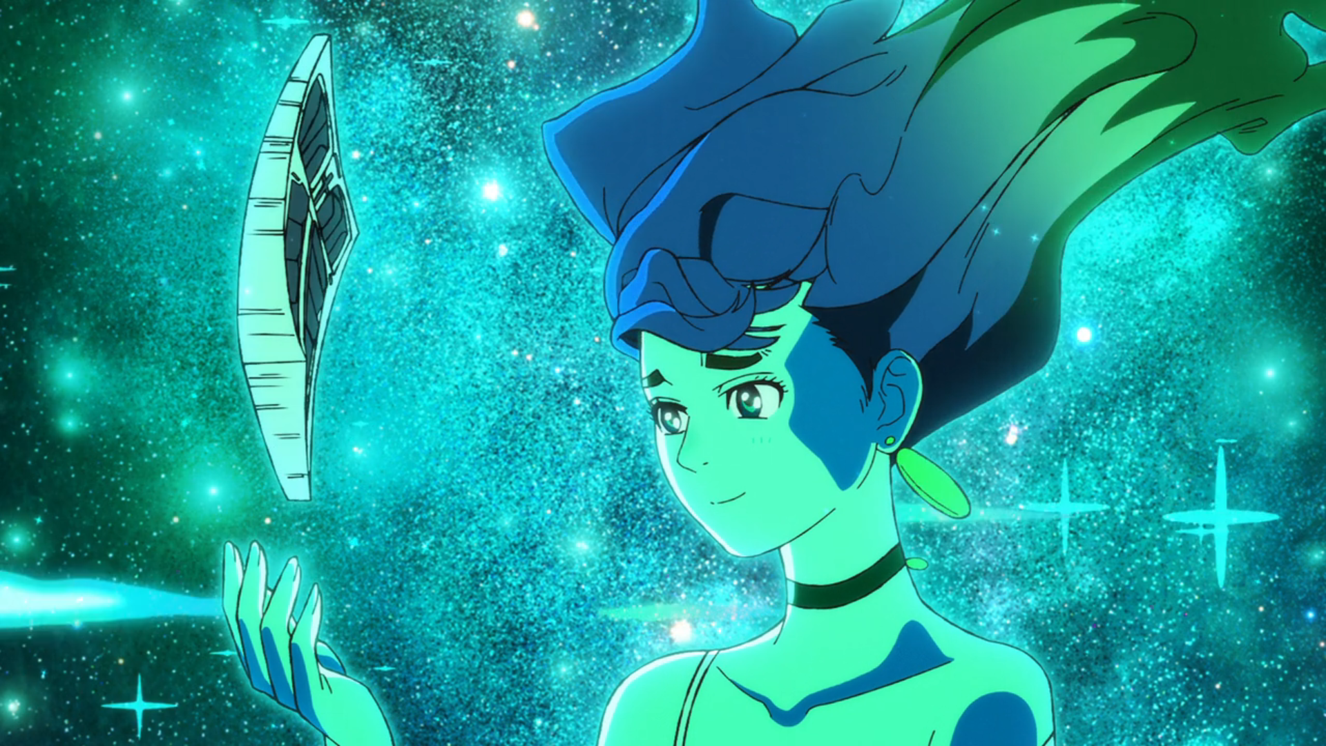 Anime HD PC desktop wallpaper of Momo Ayase from Dandadan: she floats against a glowing teal starfield, hair flowing, holding a reflective mirror with a calm, serene expression.