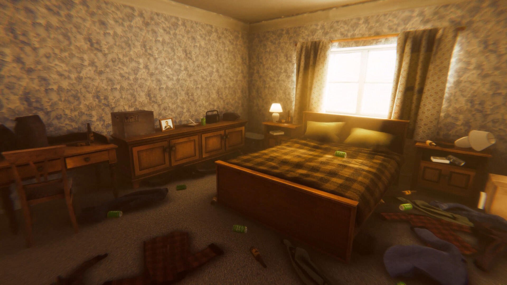 A detailed 4K Ultra HD wallpaper from the video game Among Ashes, featuring a cluttered bedroom bathed in warm sunlight, creating an immersive atmosphere.