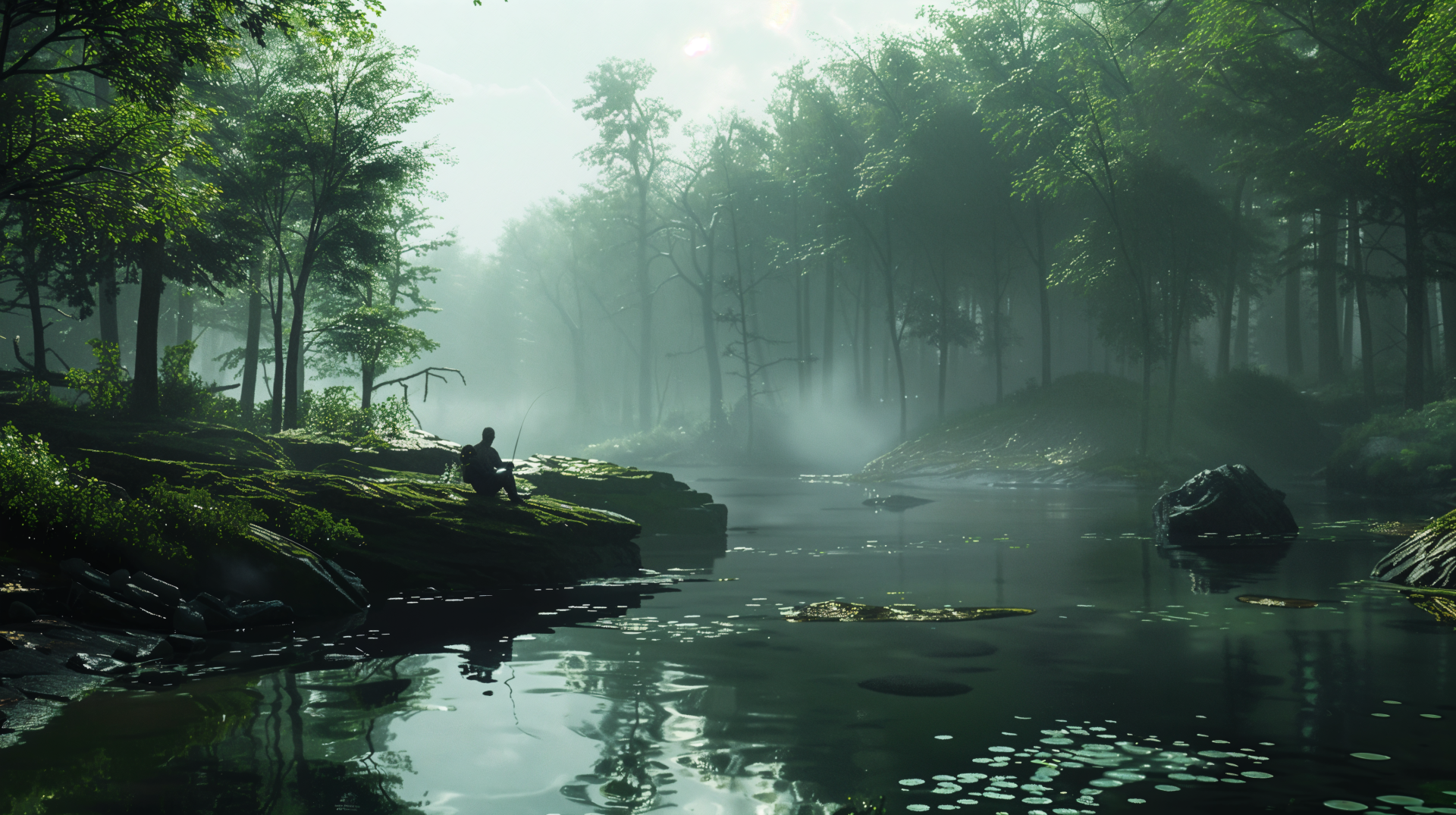 A serene, secluded fishing spot surrounded by lush trees, with a figure fishing peacefully by a tranquil, misty lake. High-resolution 4K Ultra HD wallpaper for nature enthusiasts.