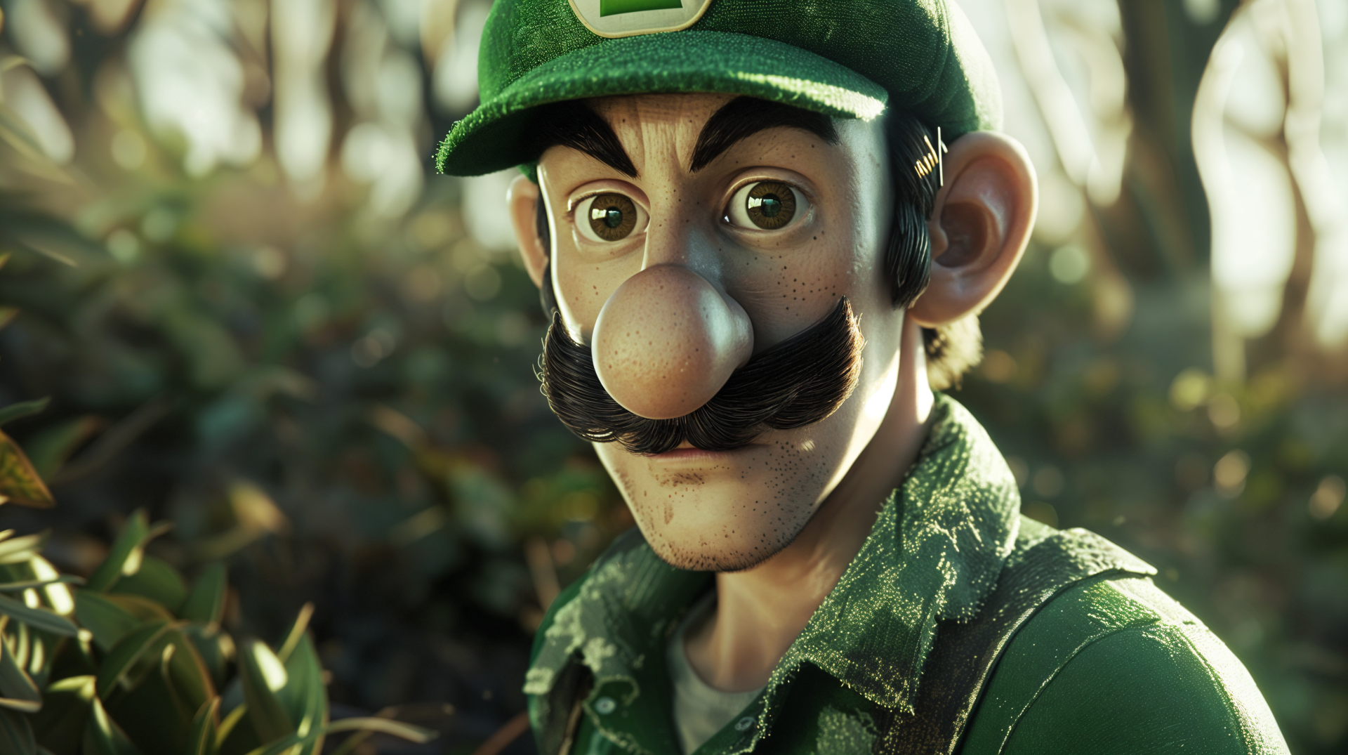 A vibrant 4K Ultra HD desktop wallpaper featuring Luigi, showcasing his distinct green attire and expressive features amidst a natural background.