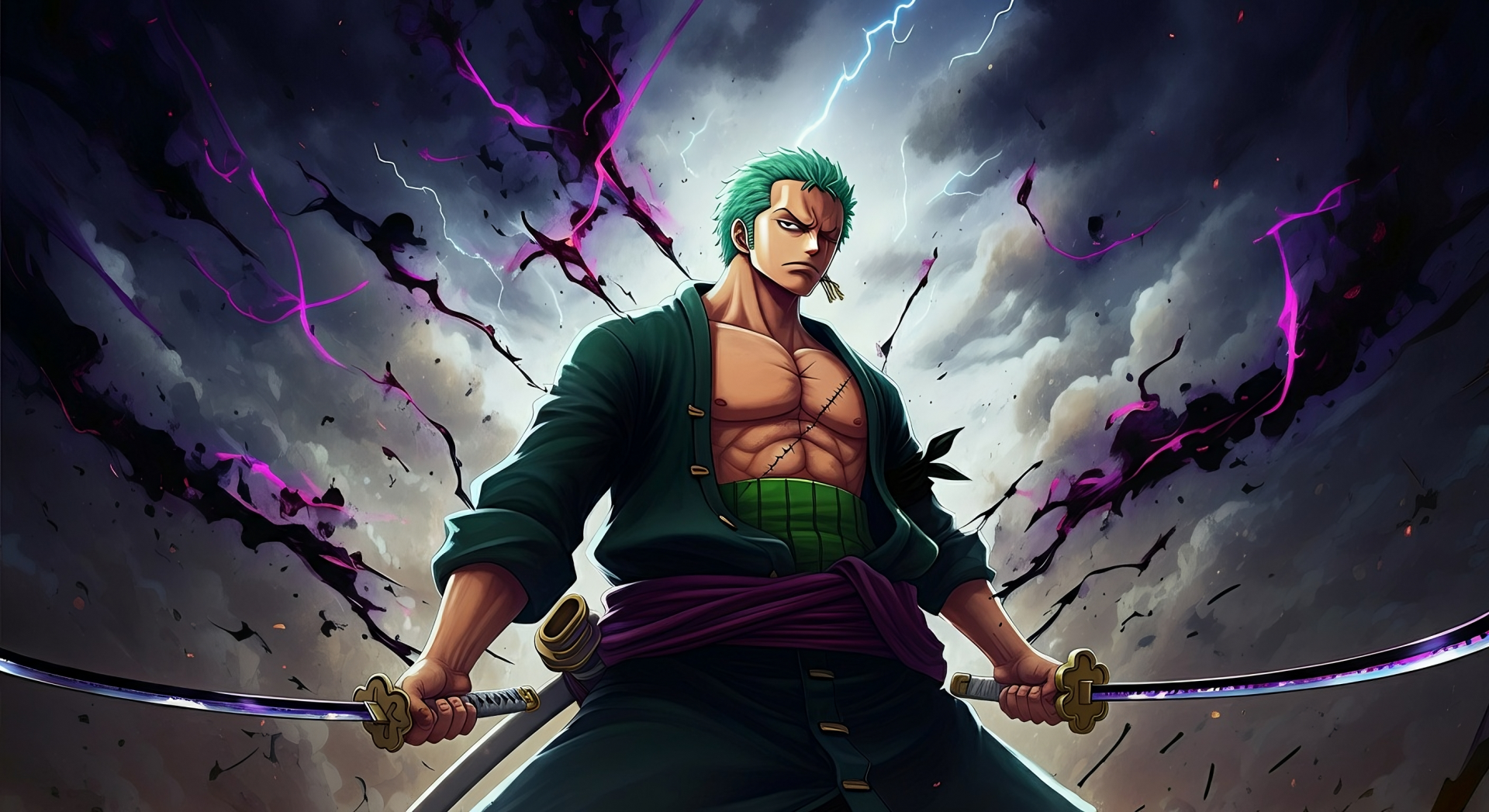 HD PC desktop wallpaper featuring Roronoa Zoro from One Piece, wielding his swords with intense Haki energy crackling around him under a stormy sky.