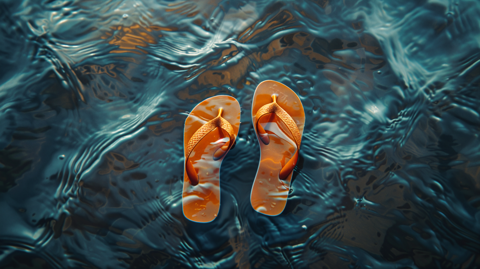 A vibrant 4K Ultra HD wallpaper featuring a pair of orange flip flops resting on a shimmering water surface, captured in clear detail.