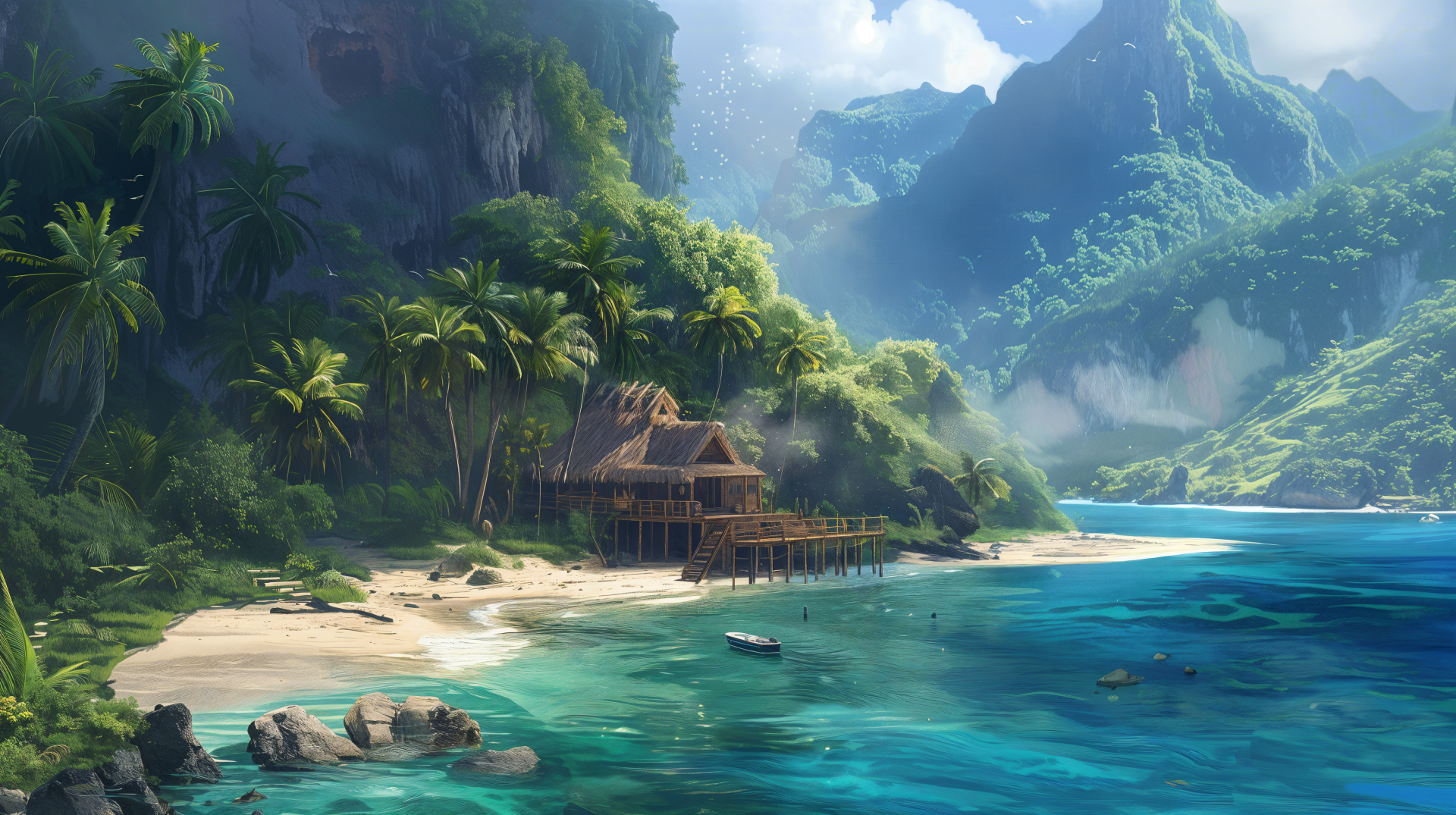 A stunning paradise landscape featuring a tropical island with lush greenery, a serene beach, and a quaint wooden hut, captured in vibrant 4K Ultra HD for a captivating desktop background.