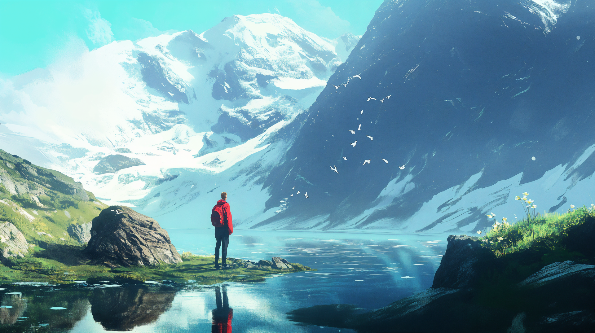 A stunning 4K Ultra HD landscape featuring a serene fjord surrounded by majestic mountains, with a figure in a red jacket standing by the calm waters.