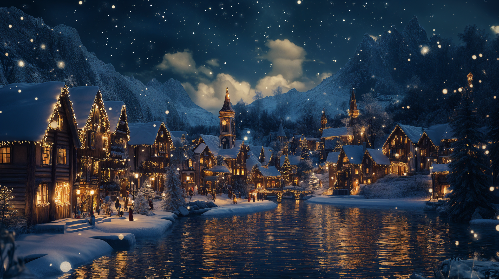 A charming Christmas village is illuminated under a starry sky, with cozy houses and a serene river reflecting the festive lights, rendered in stunning 4K Ultra HD for a beautiful desktop wallpaper.