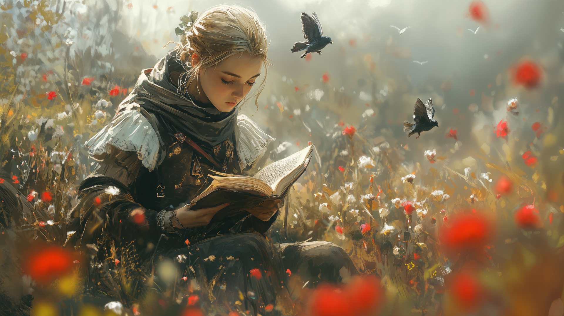 A serene Renaissance scene featuring a woman reading a book amidst vibrant flowers, with birds fluttering around her, captured in stunning 4K Ultra HD quality.