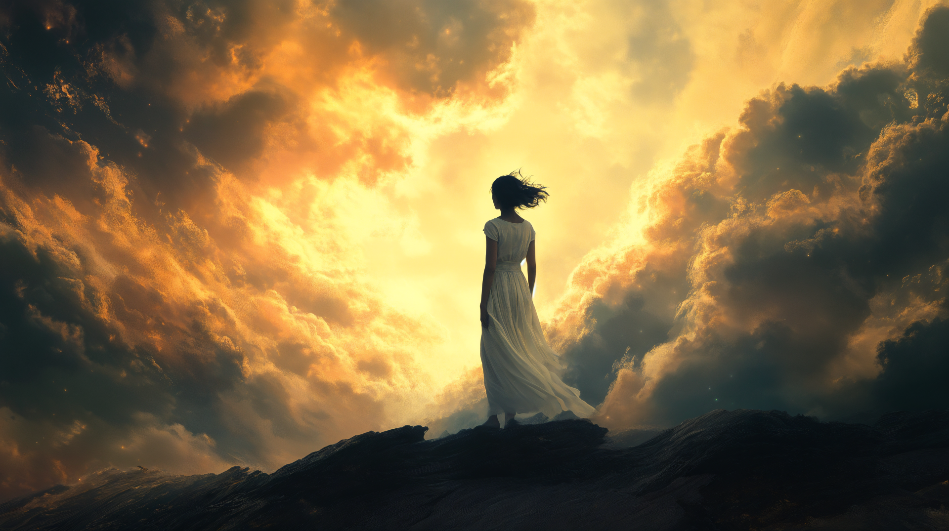 A figure in a flowing white dress stands on a rocky outcrop, gazing at a dramatic sky filled with swirling clouds and warm light, embodying a sense of hope and faith. 4K Ultra HD background.