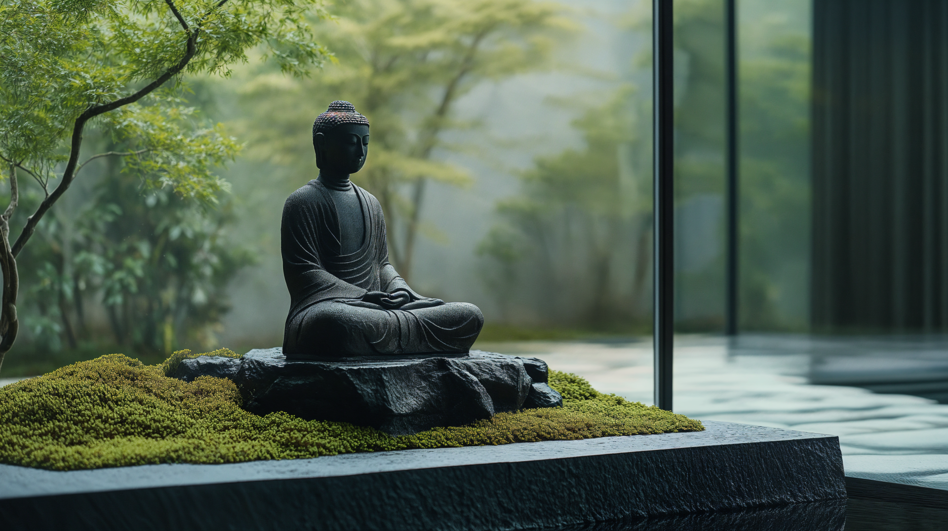 4K Ultra HD desktop wallpaper featuring a serene Buddha sculpture in a zen garden surrounded by lush greenery and calming natural light.