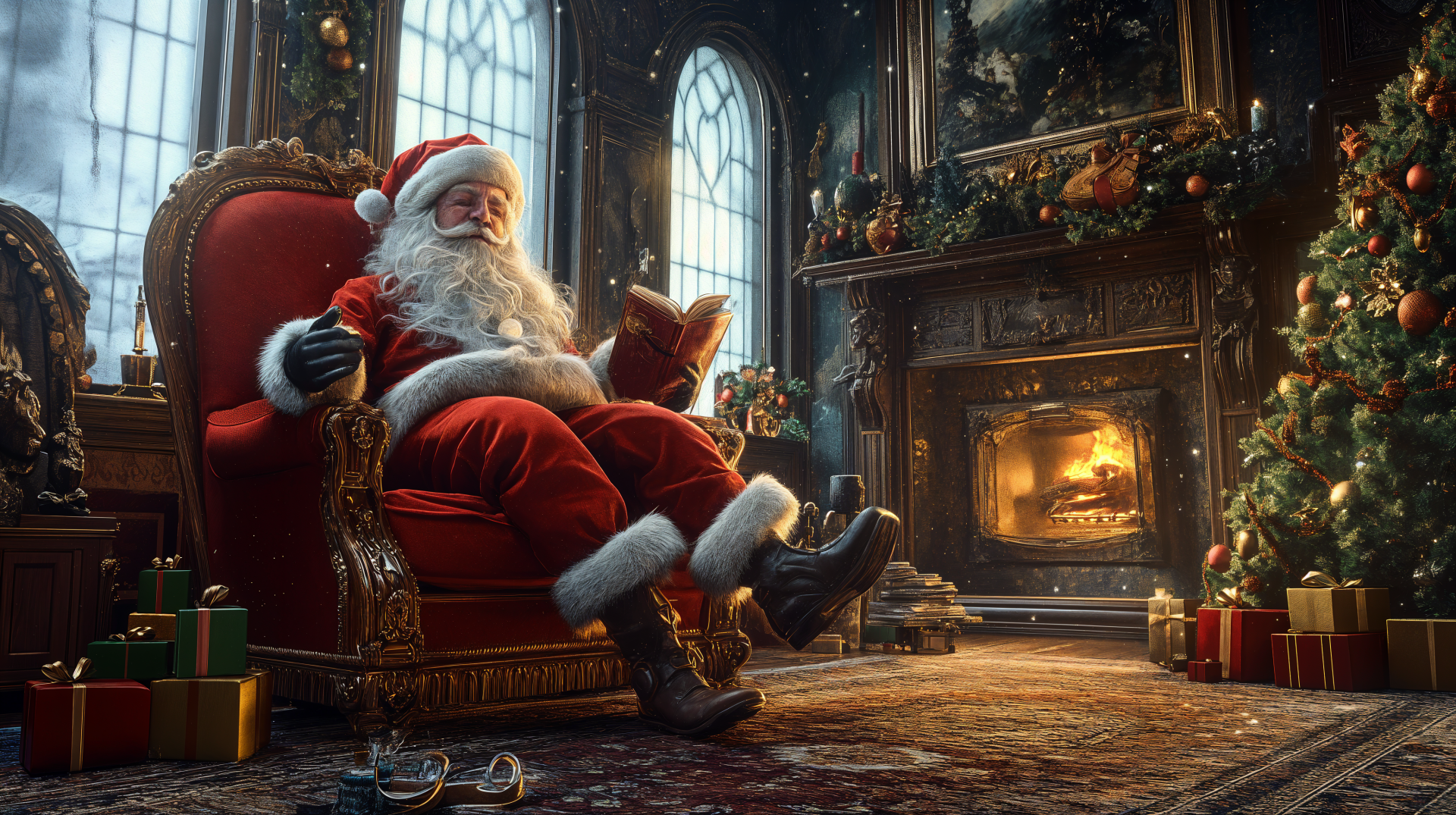 A cozy scene of Santa in a warmly decorated room, reading by a crackling fireplace, surrounded by holiday gifts and a beautifully lit Christmas tree. 4K Ultra HD desktop wallpaper.