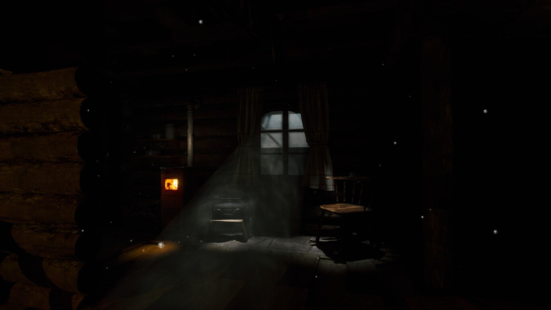 A haunting scene from The Cabin Factory, featuring dim lighting, a window casting a ghostly glow, and scattered dust particles, serves as an evocative HD PC desktop wallpaper.