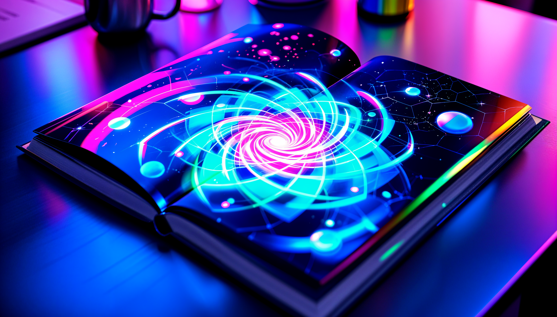 An open scrapbook featuring a vibrant, swirling galaxy design against a dark background, illuminated by colorful ambient lighting. 4K Ultra HD PC desktop wallpaper.