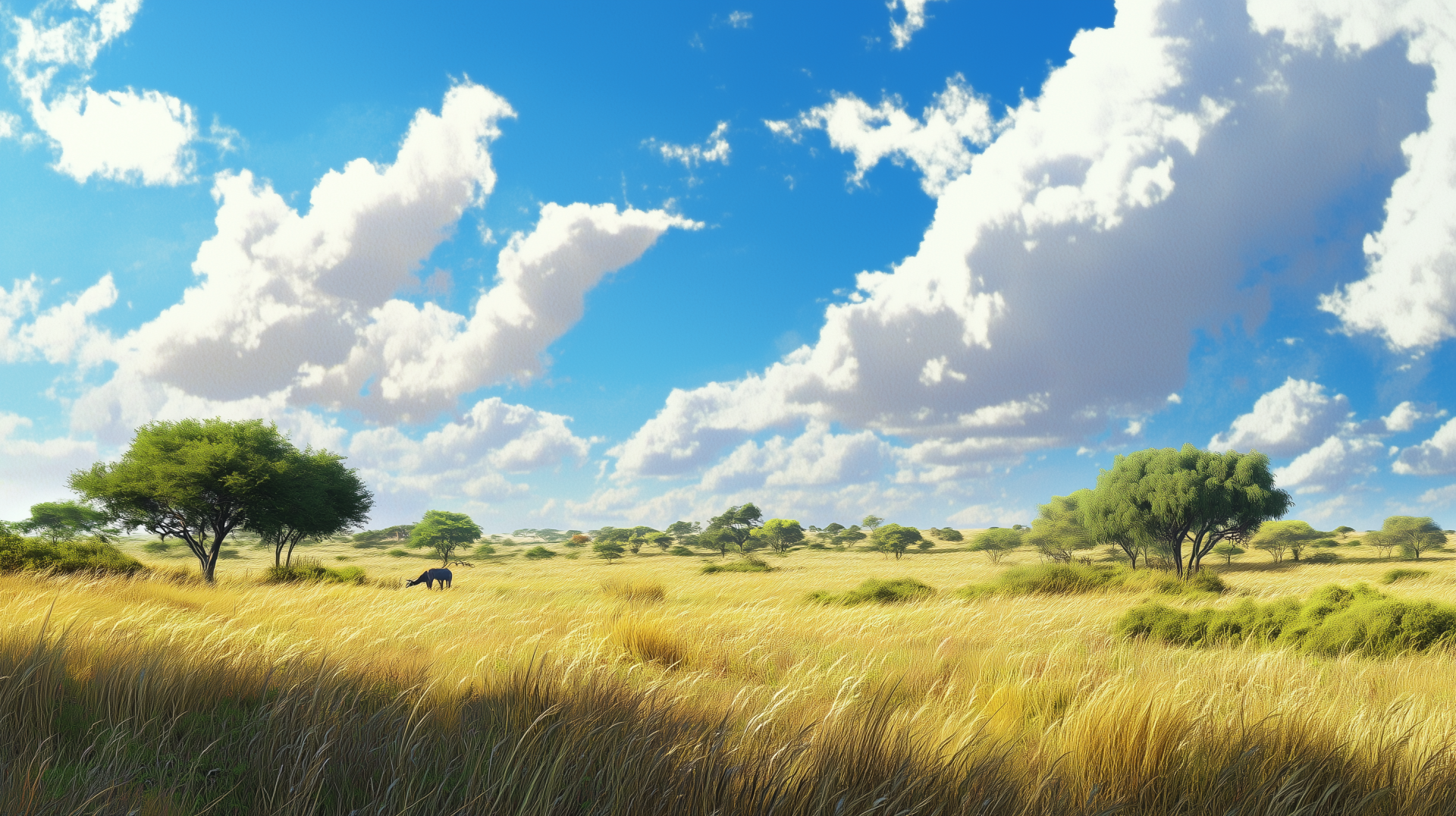 A vibrant safari landscape showcases golden grasses under a bright blue sky with fluffy clouds, offering a serene and immersive nature scene for your HD desktop wallpaper.