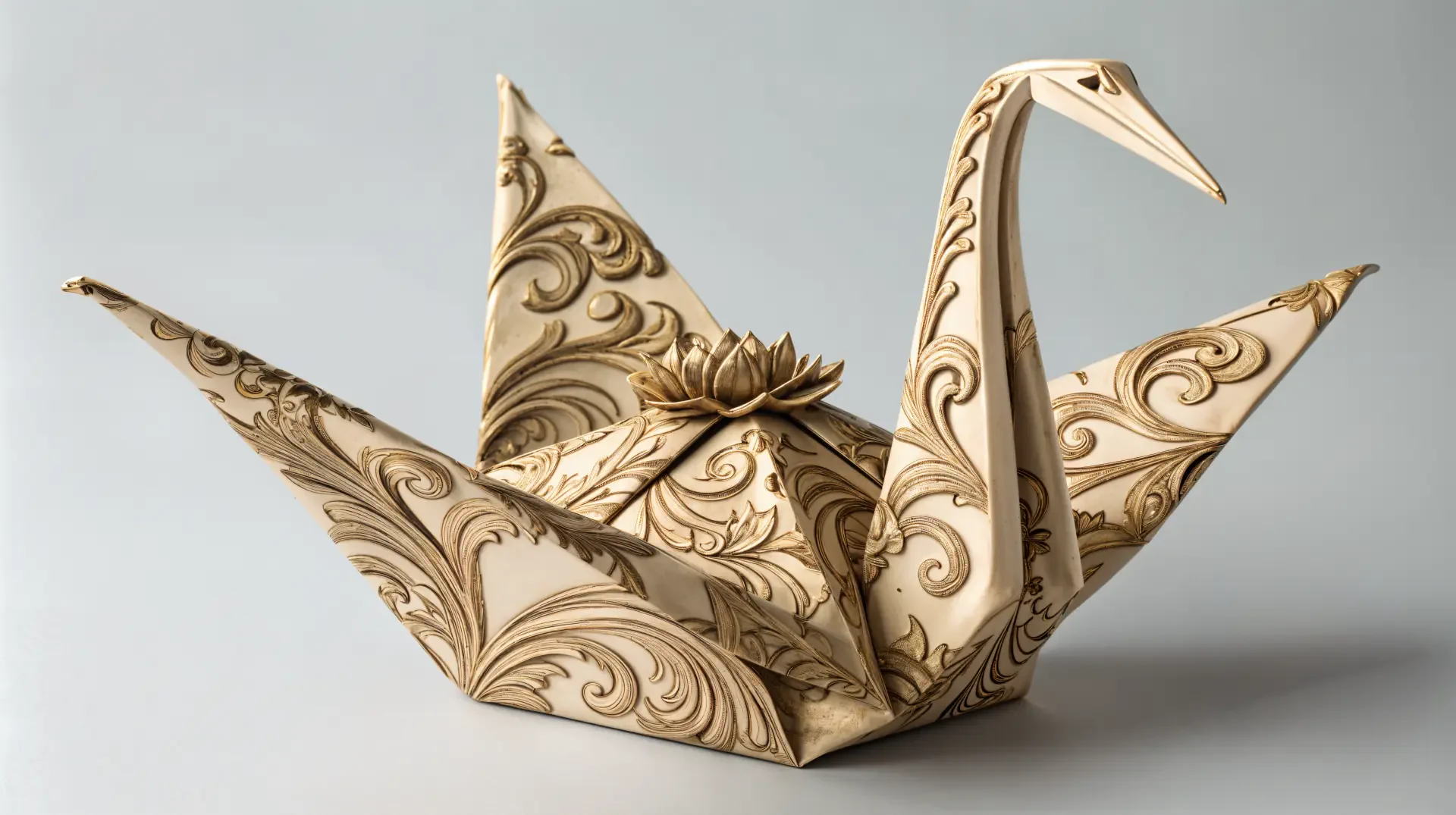 A beautifully crafted origami swan with intricate patterns, presented as a 4K Ultra HD desktop wallpaper and background, showcasing the art of paper folding.