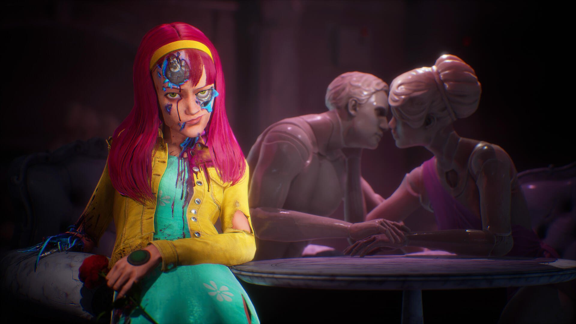 A striking 4K Ultra HD wallpaper from the video game *Judas (2025)*, featuring a colorful character sitting in front of a romantic scene between two figures.