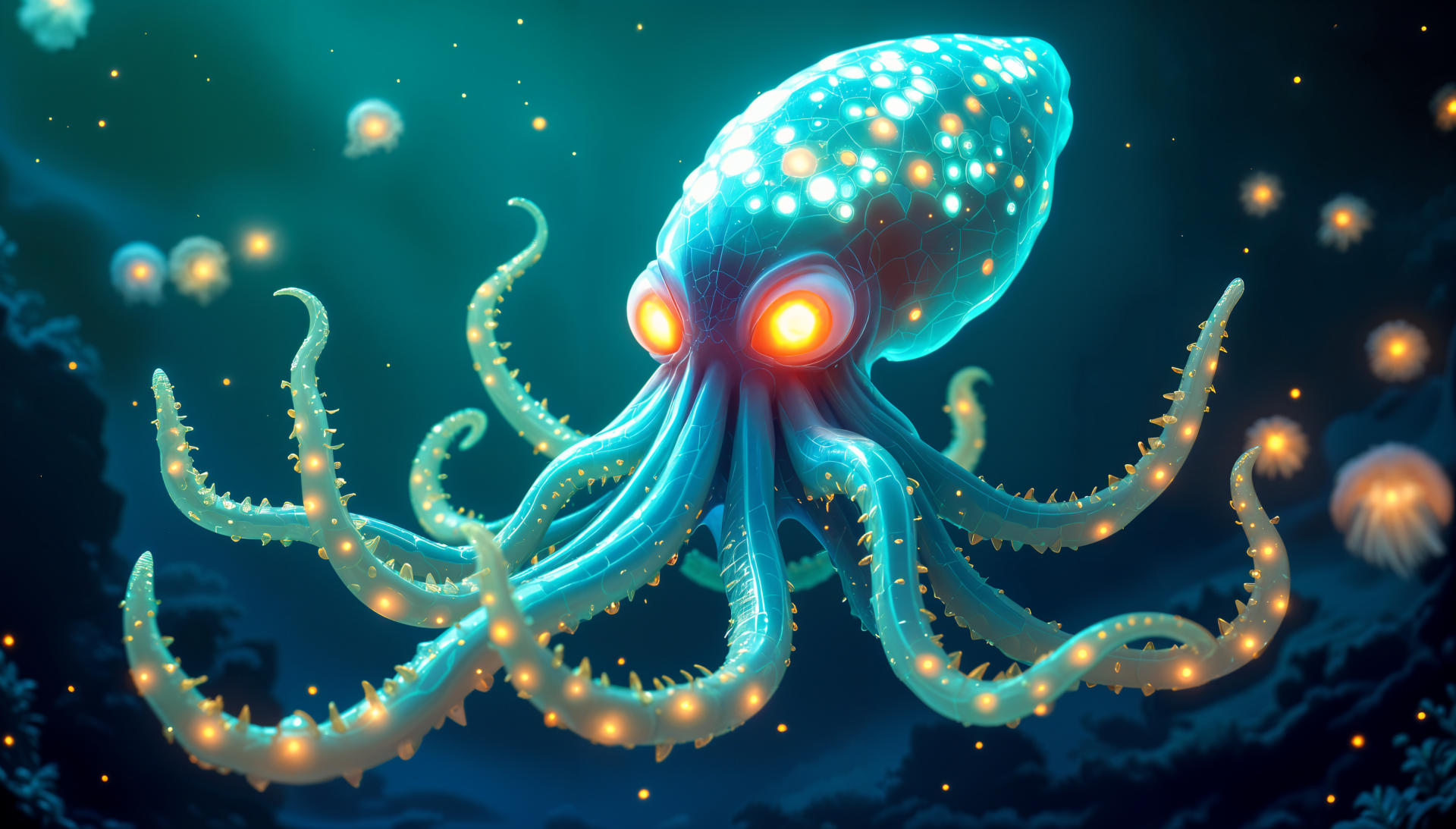 A glowing deep sea creature with vibrant, sparkling tentacles swims through an underwater scene, showcasing mesmerizing details in this stunning 4K Ultra HD desktop wallpaper.
