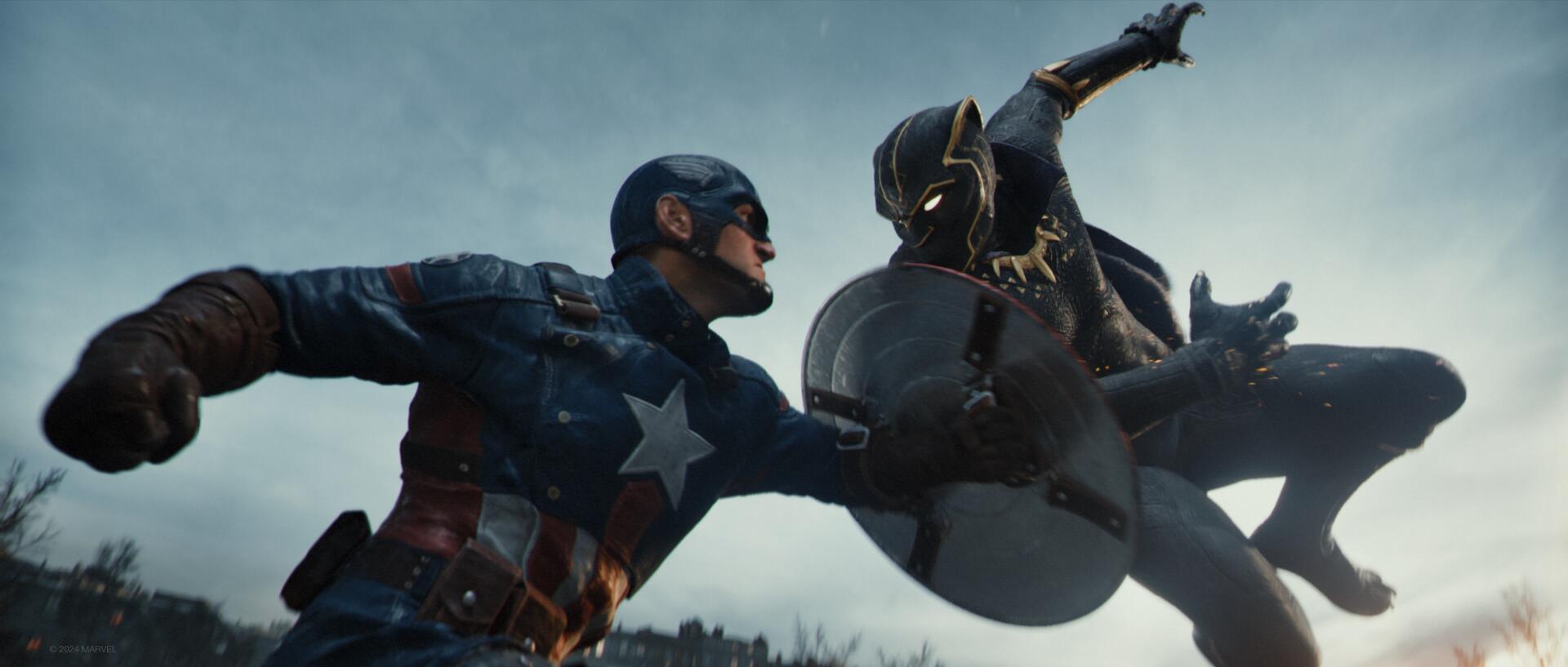 Captain America and Black Panther engage in an intense battle scene from MARVEL 1943: Rise of Hydra, showcased in this HD PC desktop wallpaper.
