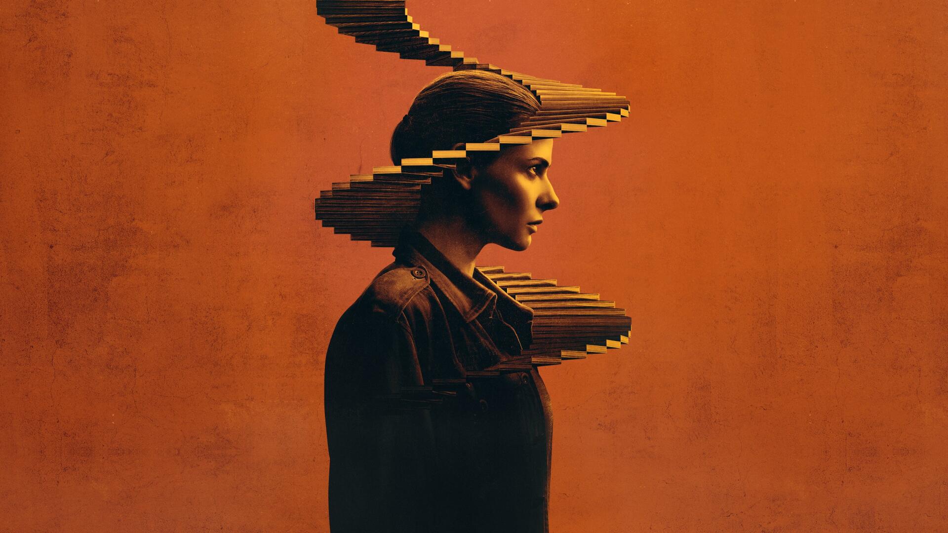 Silo 4K Ultra HD PC desktop wallpaper: side-profile portrait fragmented into ascending, staircase-like slices against a warm orange background.