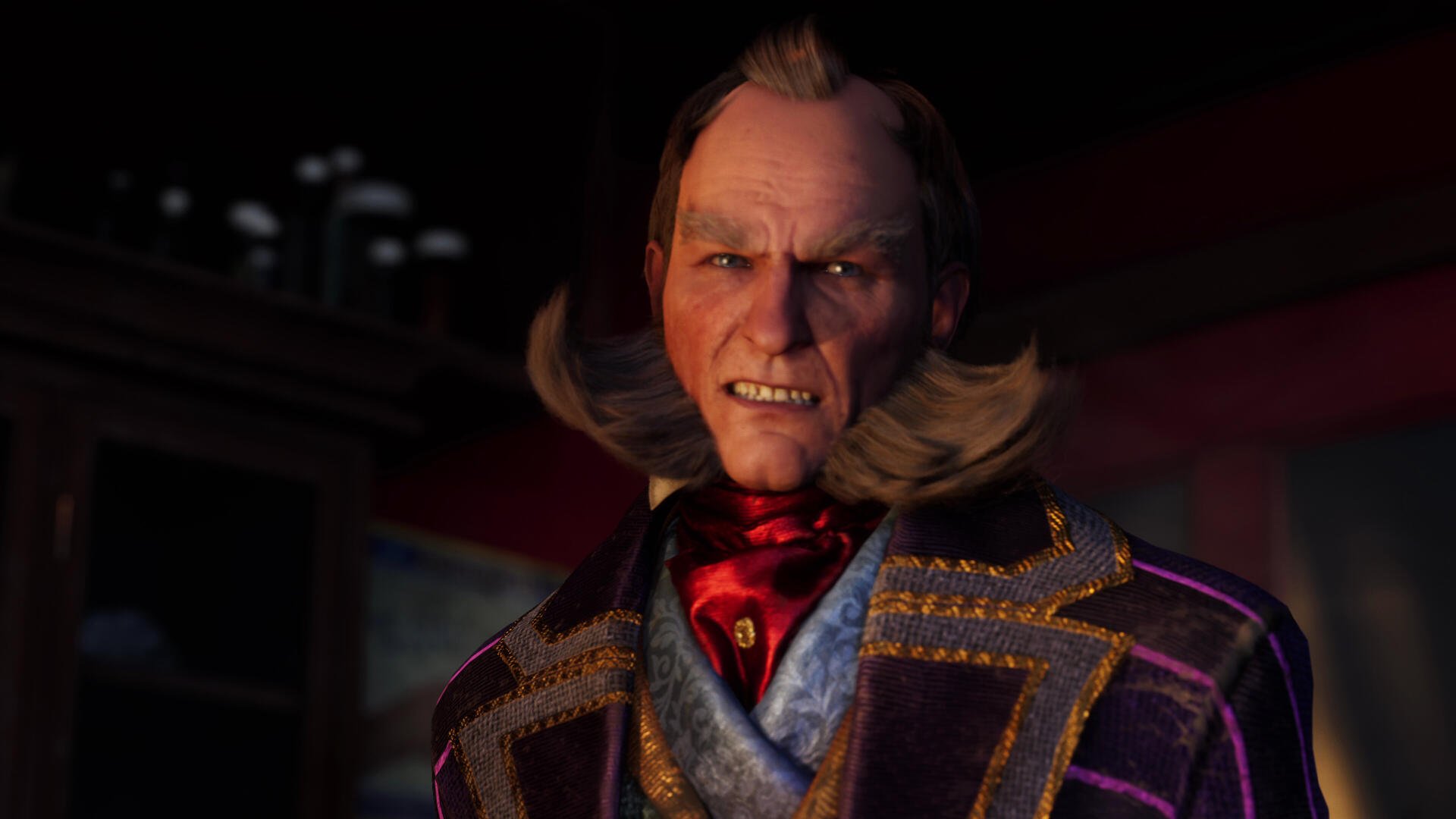 A close-up of a character from the video game Clockwork Revolution, featuring intricate clothing and an intense expression, set against a dark, atmospheric background. 4K Ultra HD quality.