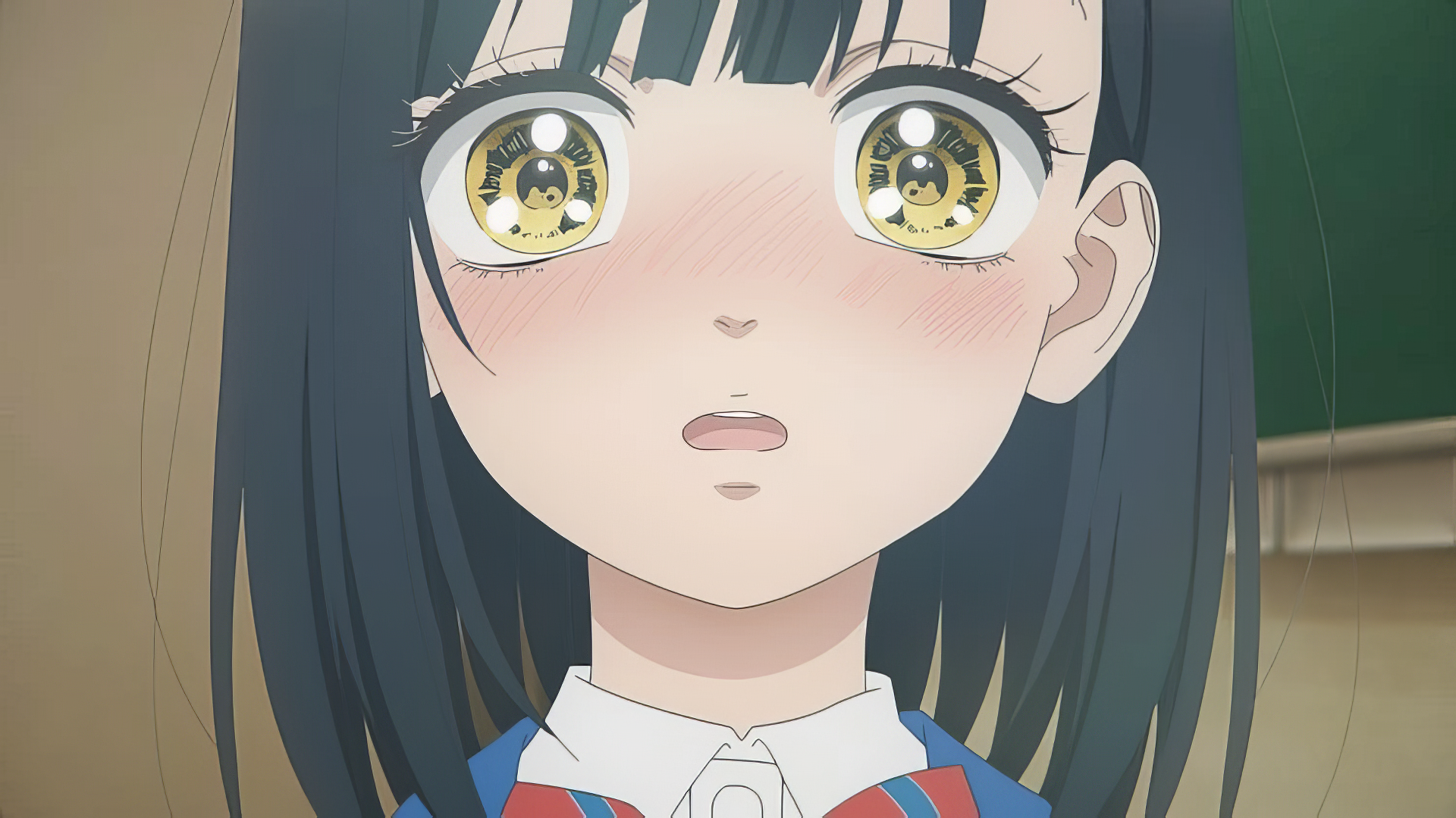 A close-up of a character with striking yellow eyes and a surprised expression, set against a backdrop that captures the essence of Honey Lemon Soda anime, designed as HD desktop wallpaper.