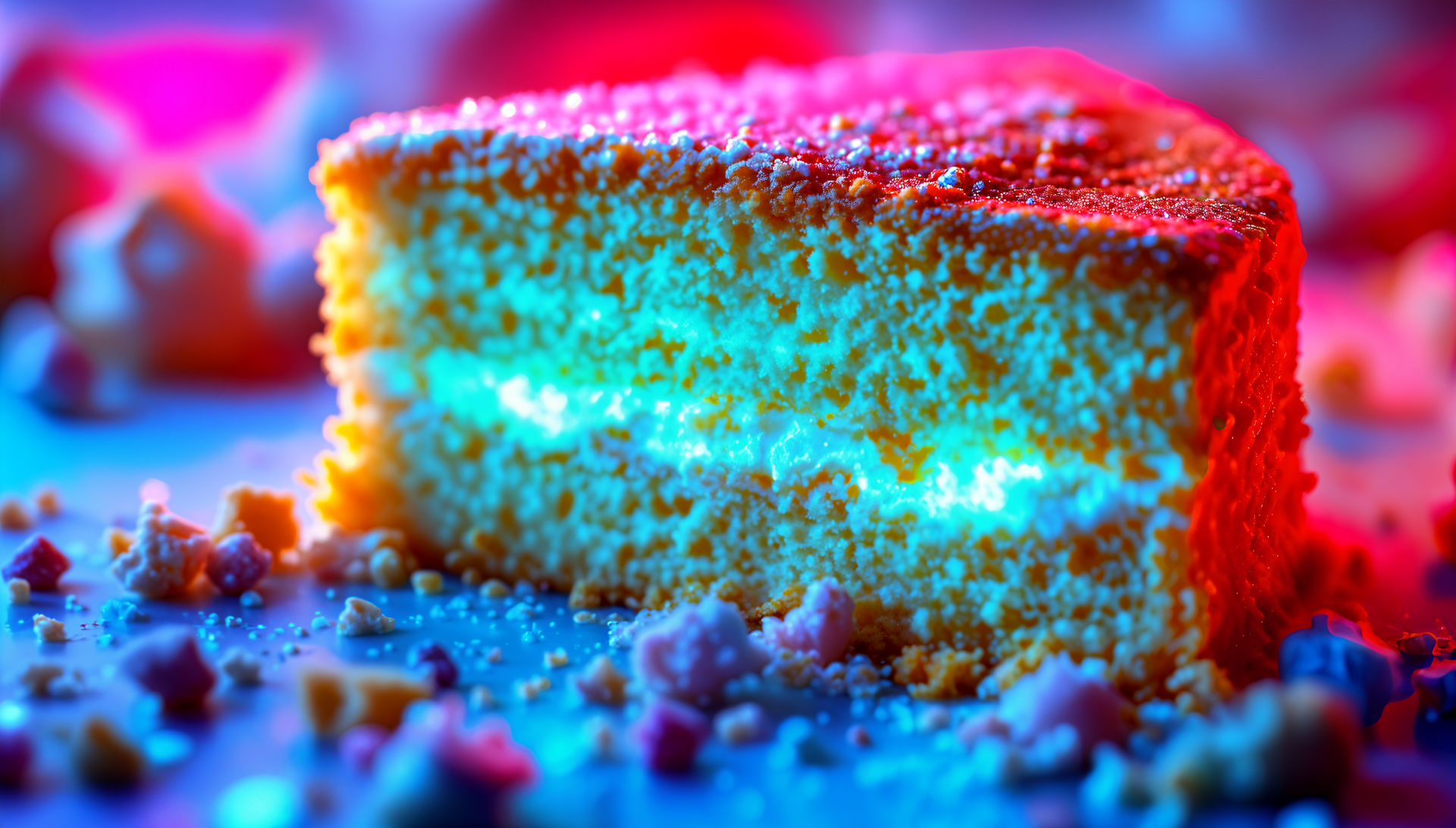 A colorful sponge cake slice with frosting, captured in vibrant 4K Ultra HD detail, serves as a rich and inviting dessert desktop wallpaper background.